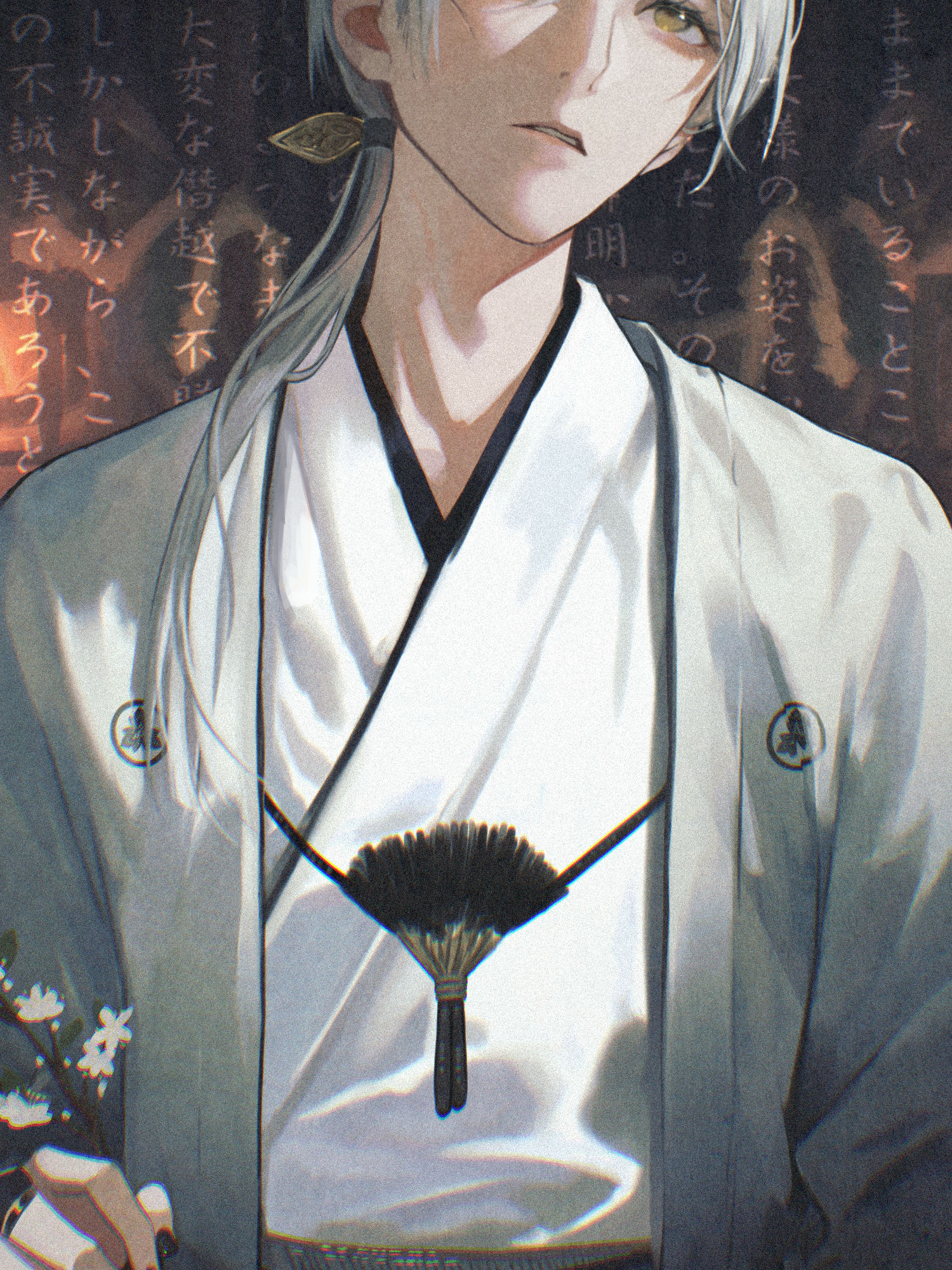 bai rui, fox mask (silent hill), silent hill (series), silent hill f, commentary, highres, 1boy, black nails, branch, chromatic aberration, crest, film grain, flower, grey hair, hair over shoulder, hair tie, haori, haori himo, head out of frame, holding, holding branch, japanese clothes, kimono, long hair, looking ahead, low ponytail, male focus, montsuki, nail polish, parted lips, ponytail, solo, upper body, white flower, white haori, white kimono