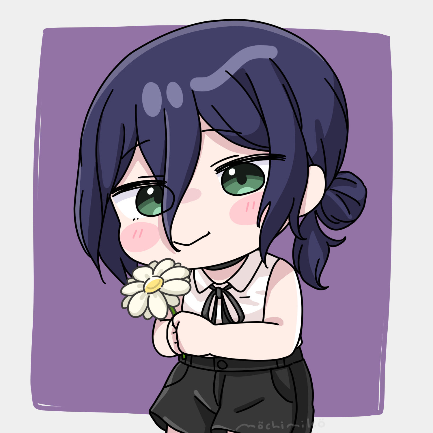 mochimiko, reze (chainsaw man), chainsaw man, commentary request, highres, 1girl, bare arms, bare shoulders, black hair, black ribbon, black shorts, blush stickers, border, chibi, closed mouth, collared shirt, flower, green eyes, grey border, hair between eyes, hair bun, holding, holding flower, looking at viewer, neck ribbon, purple background, ribbon, shirt, shorts, signature, sleeveless, sleeveless shirt, smile, solo, white flower, white shirt