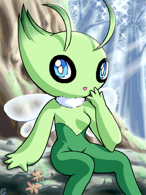g-sun, celebi, nintendo, pokemon, lowres, 00s, forest, furry, gen 2 pokemon, legendary pokemon, mythical pokemon, nature, pokemon (creature), thinking, tree, wings