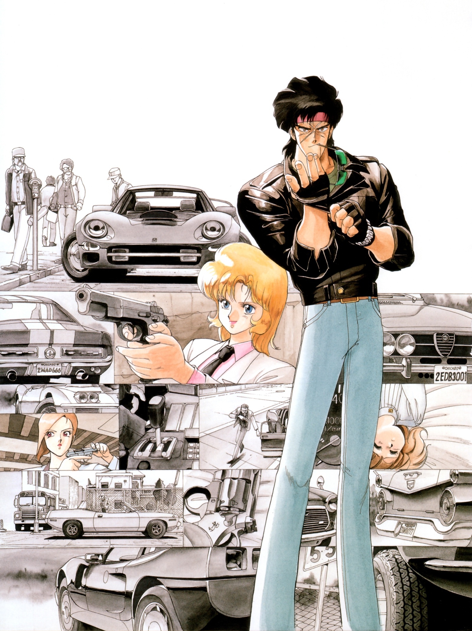 sonoda ken'ichi, bean bandit, chelsea grimwood, rally vincent (riding bean), semmerling, riding bean, highres, official art, scan, third-party source, vehicle request, 2boys, 3girls, black hair, black jacket, black necktie, blonde hair, blue eyes, brown hair, car, cocking gun, denim, eyewear in mouth, feet out of frame, fingernails, frown, gloves, gun, handgun, headband, holding, holding gun, holding weapon, jacket, jeans, mature female, mature male, motor vehicle, mouth hold, multiple boys, multiple girls, necktie, pants, percy bacharach, putting on gloves, red headband, retro artstyle, scar, scar on face, short hair, sunglasses, weapon
