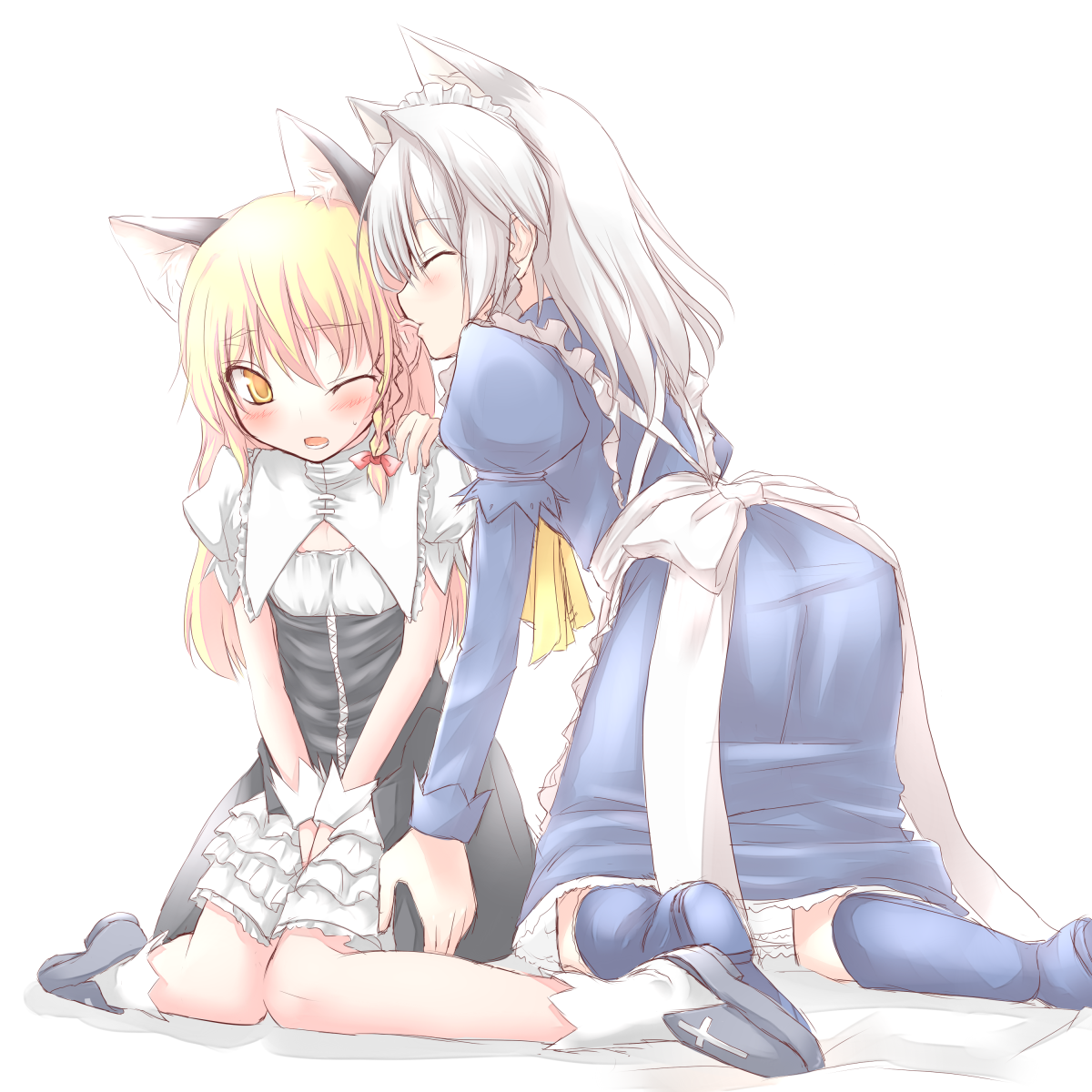 hiraga matsuri, hirasato, inu sakuya (nejikirio), izayoi sakuya, kirisame marisa, touhou, biting ear, highres, 2girls, animal ears, biting, blonde hair, blush, cat ears, cat girl, cat tail, closed eyes, dog ears, female focus, kemonomimi mode, maid, multiple girls, skirt, tail, yuri
