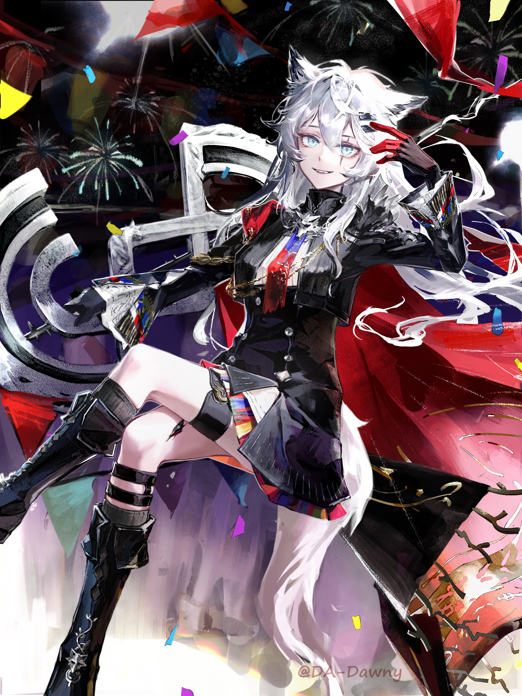 da-dawny, lappland (arknights), lappland the decadenza (arknights), arknights, absurdres, chinese commentary, commentary request, highres, 1girl, aerial fireworks, aiguillette, animal ears, black boots, black gloves, black jacket, black skirt, black socks, blue eyes, bolo tie, boots, confetti, crossed legs, feet out of frame, fireworks, gloves, hair between eyes, invisible chair, jacket, knee boots, kneehighs, long hair, long sleeves, looking at viewer, material growth, oripathy lesion (arknights), pixiv username, red gloves, scar, scar across eye, scar on face, shin strap, sitting, skirt, smile, socks, solo, tail, watermark, white hair, white tail, wolf ears, wolf girl, wolf tail