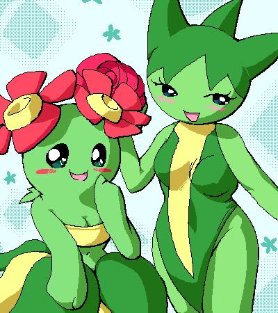 g-sun, bellossom, roselia (pokemon), nintendo, pokemon, lowres, 2girls, flower, furry, gen 2 pokemon, gen 3 pokemon, multiple girls, oekaki, pokemon (creature)