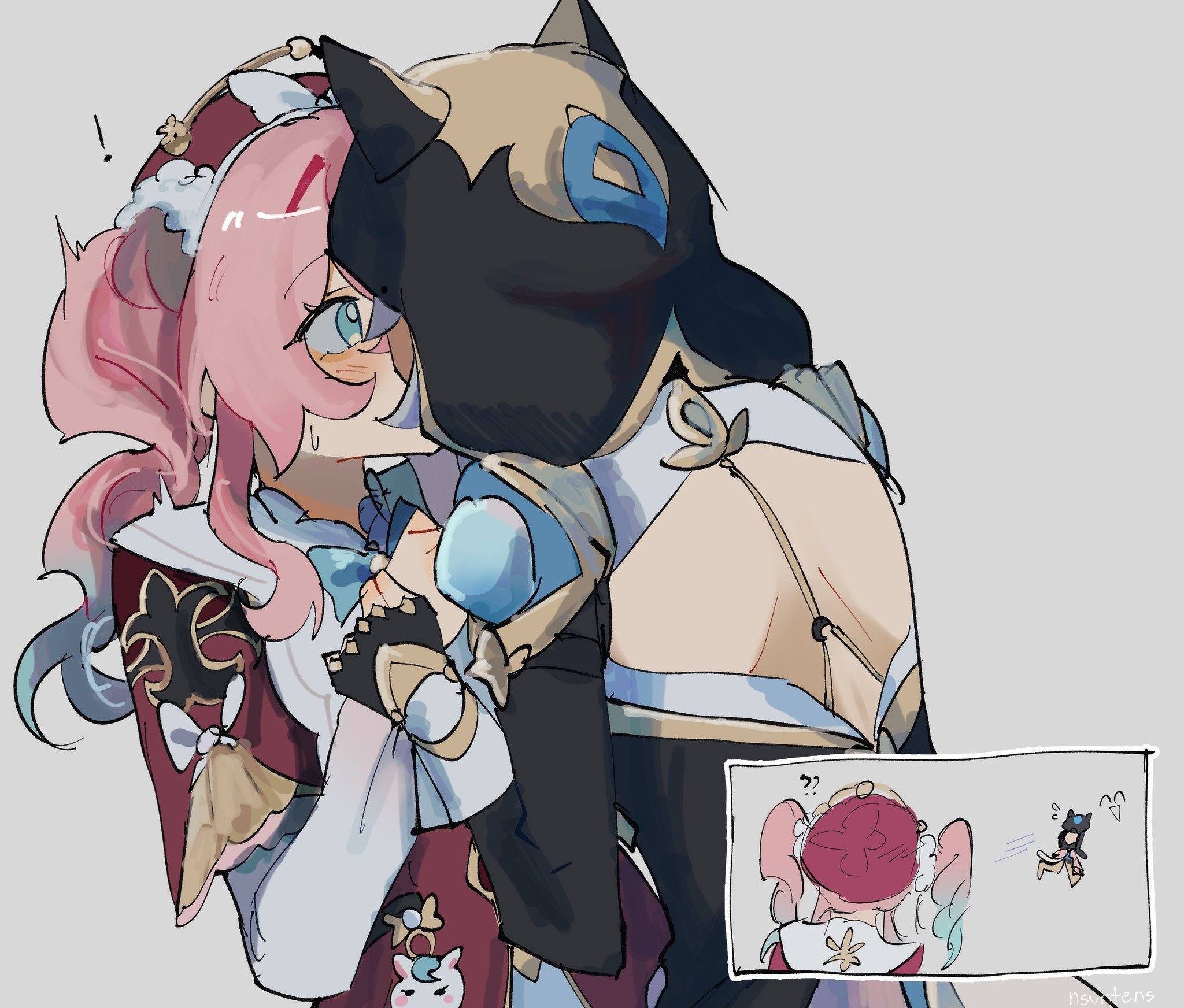 cipher (honkai: star rail), hyacine (honkai: star rail), honkai: star rail, honkai (series), highres, 2girls, animal ears, backless outfit, black gloves, blue eyes, blue hair, cat ears, dress, elbow gloves, fingerless gloves, gloves, gradient hair, grey background, kiss, kiss meter (meme), meme, multicolored hair, multiple girls, nsuntens, pink hair, red dress, simple background, twintails, yuri