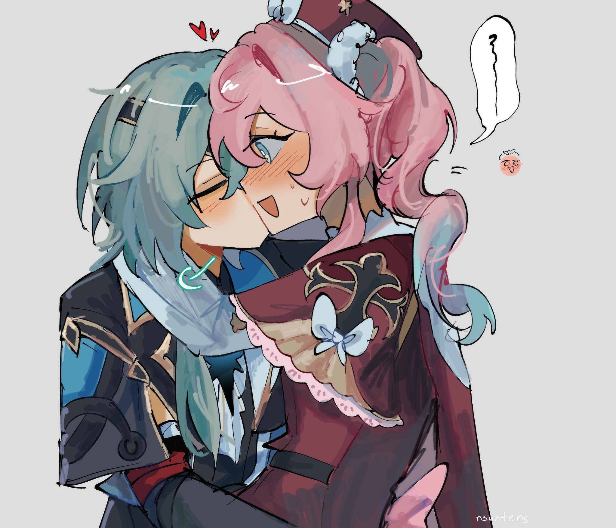 anaxa (honkai: star rail), hyacine (honkai: star rail), honkai: star rail, honkai (series), highres, 1boy, 1girl, black jacket, blue hair, blush, closed eyes, dress, gradient hair, green hair, grey background, heart, jacket, kiss, kiss meter (meme), kissing cheek, long hair, meme, multicolored hair, nsuntens, open mouth, red dress, simple background, sweat, twintails
