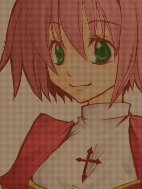 high priest (ragnarok online), ragnarok online, commentary request, 1girl, 2000s (style), brown background, closed mouth, cross, cross print, dress, green eyes, looking at viewer, pink hair, red dress, sharufuto, short hair, smile, solo, two-tone dress, upper body, white dress