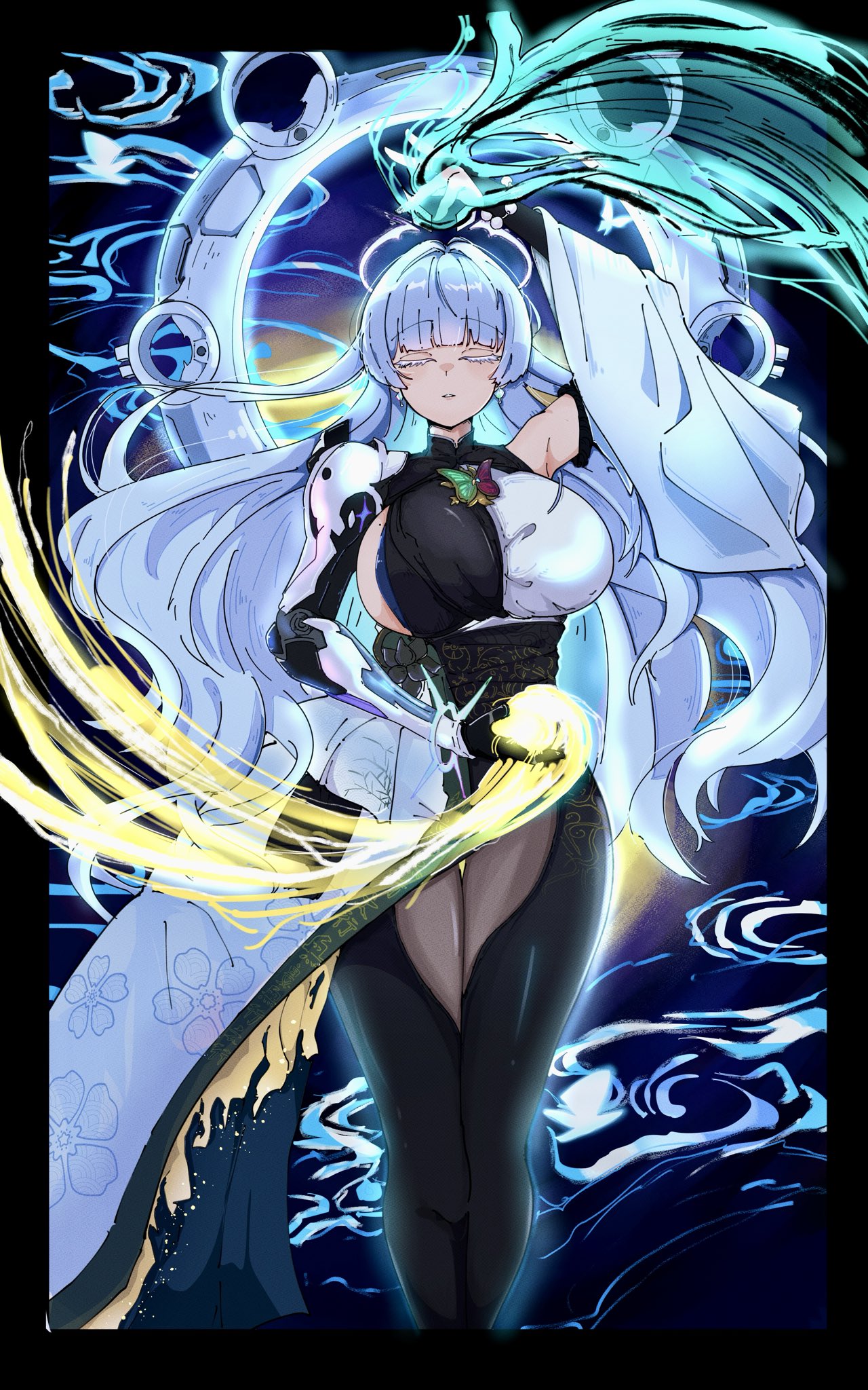 cain lk, nayuta (nikke), goddess of victory: nikke, commentary request, highres, 1girl, bead bracelet, beads, bracelet, breasts, bug, butterfly, colored eyelashes, insect, jewelry, large breasts, mole, mole on breast, monk, solo, split-color clothes, thick eyelashes, white eyelashes