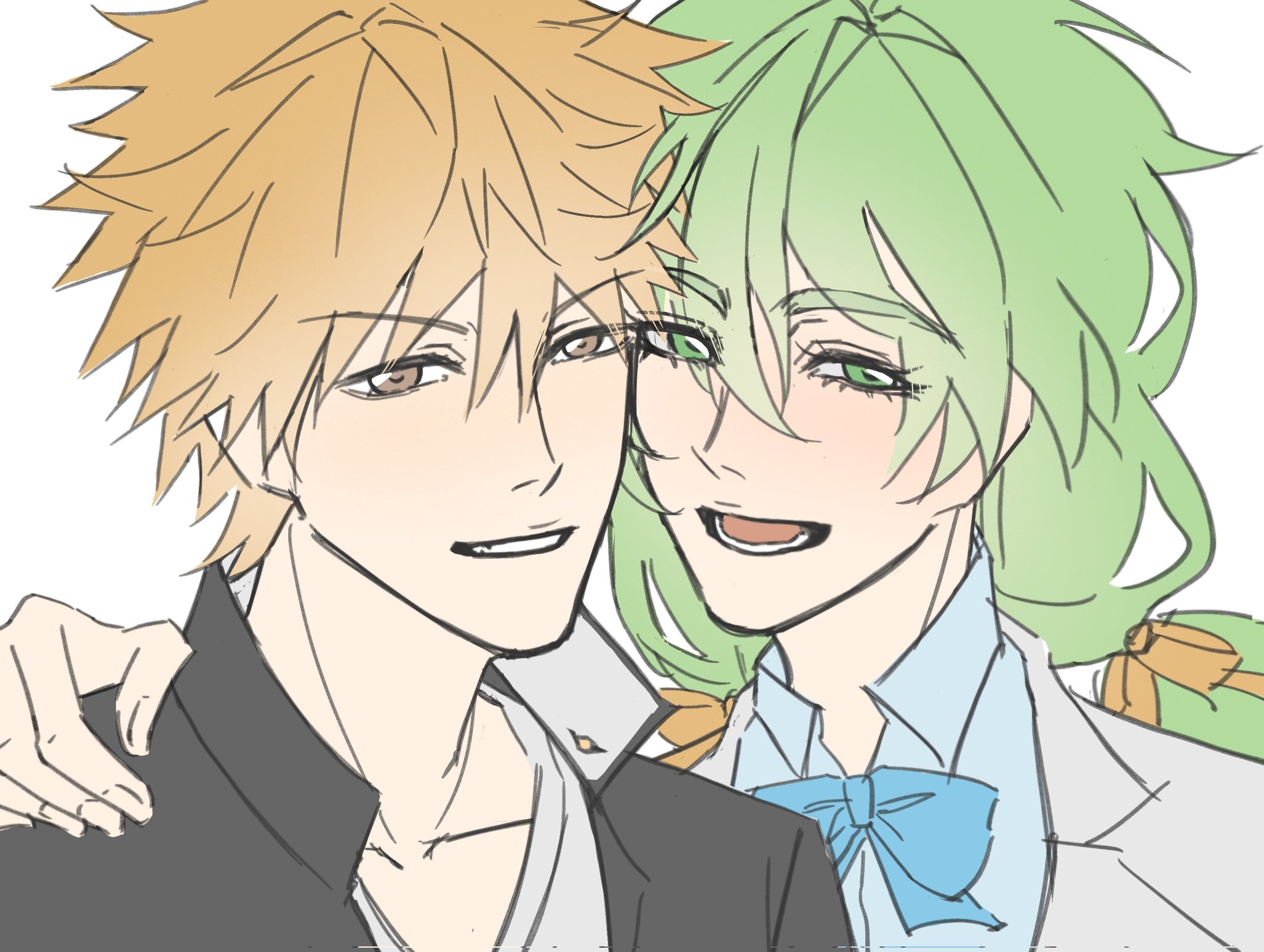 xixixixi xi, kurosaki ichigo, nelliel tu odelschwanck, bleach, 1boy, 1girl, green eyes, green hair, hair ribbon, long hair, official alternate costume, orange hair, ribbon, school uniform, smile, twintails