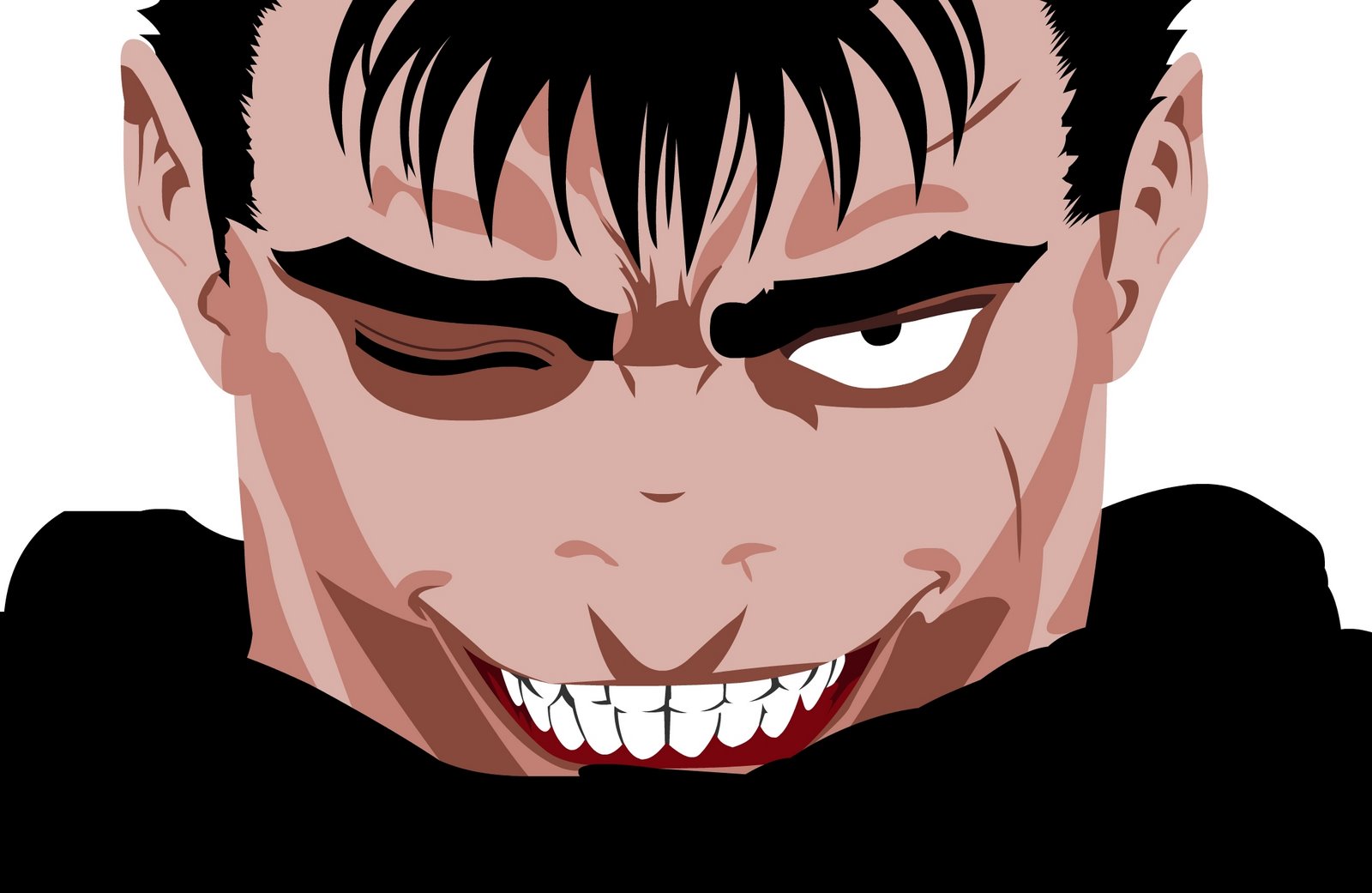 guts (berserk), berserk, derivative work, highres, third-party edit, vector trace, 1990s (style), 1boy, crazy, grin, male focus, retro artstyle, scar, smile, solo, squinting