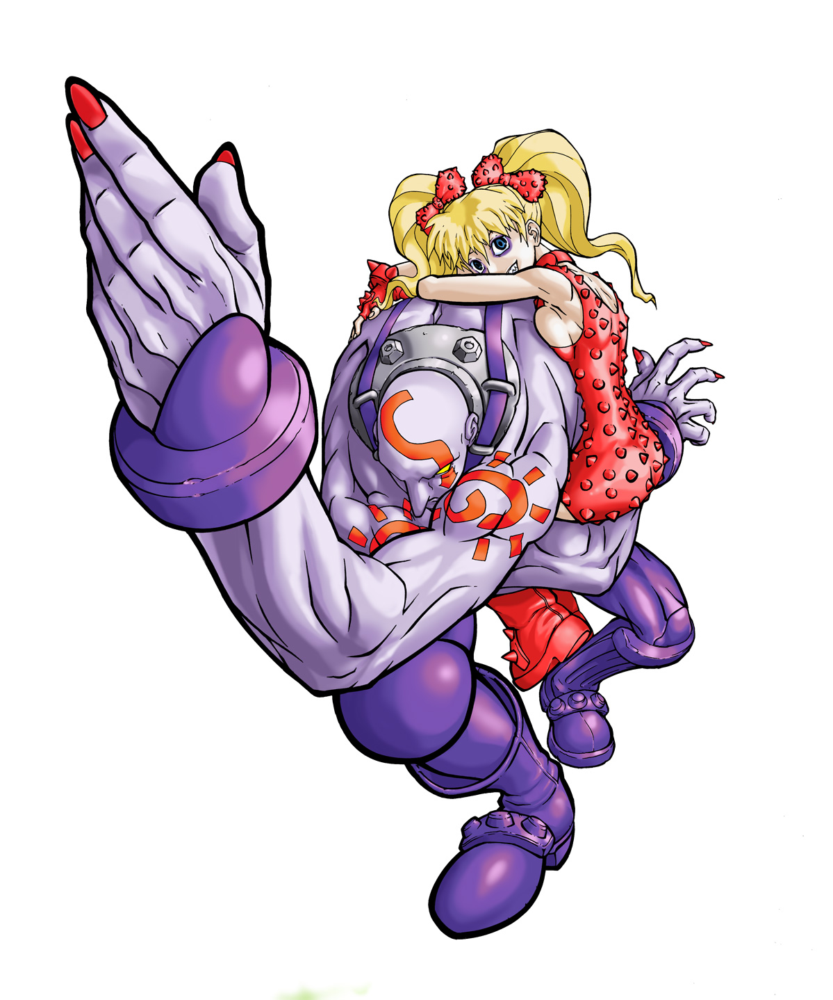 bananakun, effie (street fighter), necro (street fighter), street fighter, street fighter iii (series), highres, bald, blonde hair, blue eyes, body markings, boots, bow, breasts, collar, colored skin, couple, cyborg, dress, facial mark, fingerless gloves, gloves, grin, no pupils, overalls, pale skin, purple boots, red bow, red dress, sideboob, sitting, sitting on person, smile, spiked boots, spiked dress, tall male, tattoo, twintails, white skin, wrist guards, yellow eyes