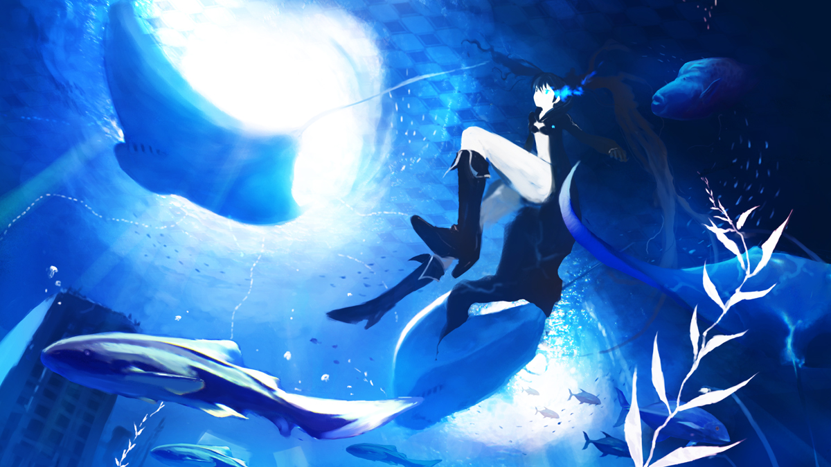 hirokiku, black rock shooter (character), black rock shooter, bad id, bad pixiv id, 10s, bikini, bikini top only, black hair, blue eyes, blue theme, boots, building, city, fish, front-tie top, gloves, glowing, glowing eyes, jacket, knee boots, manta ray, shark, short shorts, shorts, solo, sunlight, swimsuit, twintails, underwater, uneven twintails