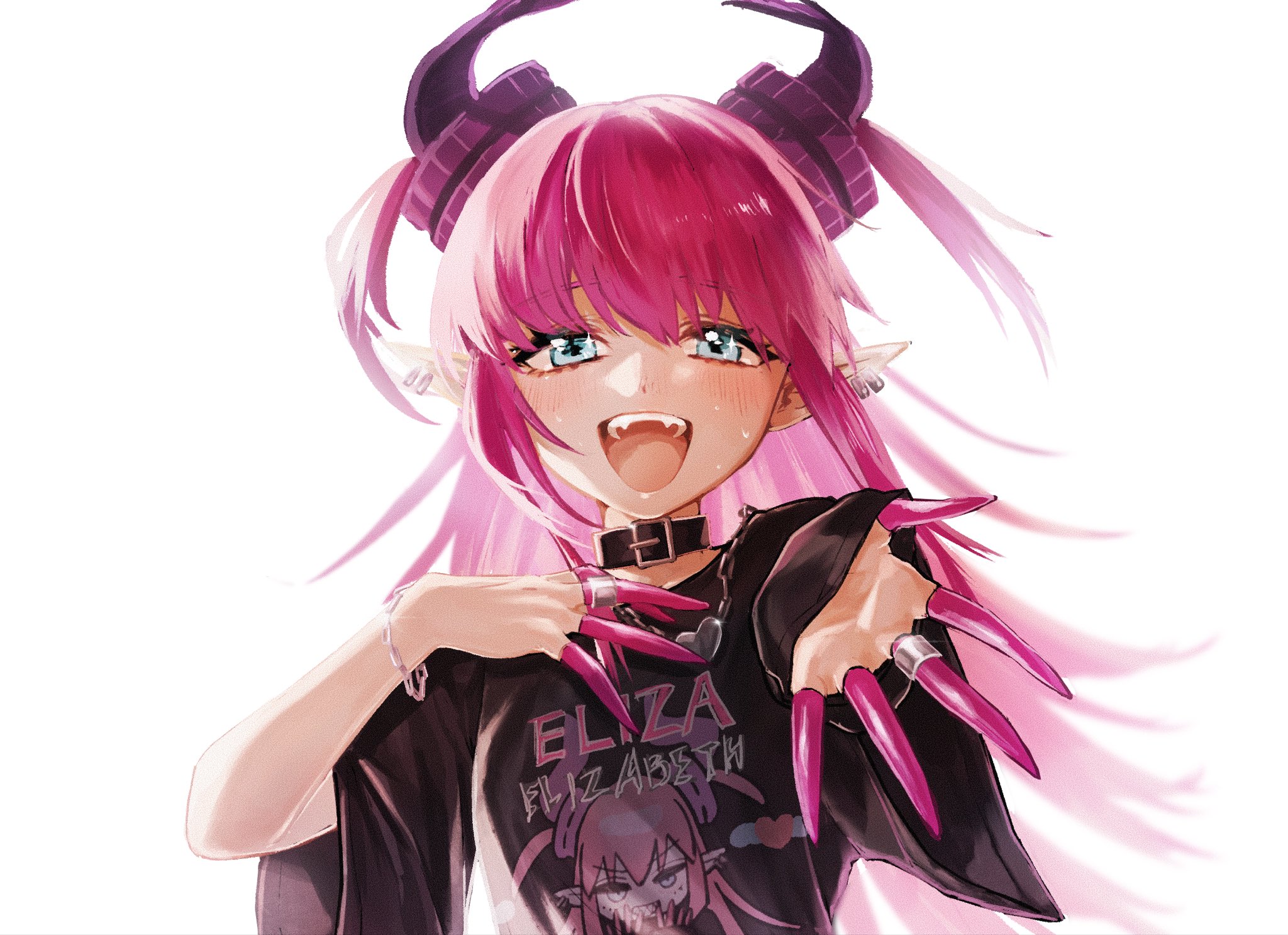 mozu (teluto), elizabeth bathory (fate), fate/grand order, fate (series), commentary, highres, 1girl, aqua eyes, black shirt, blush, dragon horns, ear piercing, elizabeth bathory (perfect) (first ascension) (fate), hand on own chest, horns, long hair, looking at viewer, open mouth, piercing, pointy ears, purple hair, purple horns, reaching, reaching towards viewer, shirt, simple background, smile, solo, sweat, white background