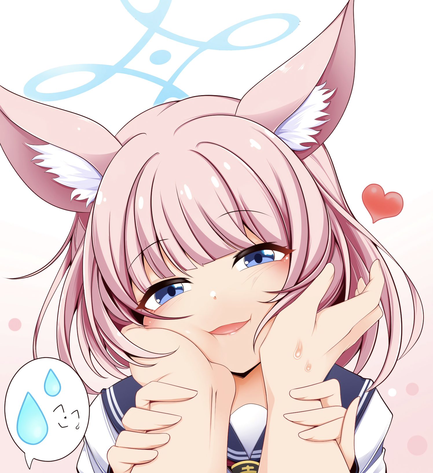 kagayai akira, doodle sensei (blue archive), niko (blue archive), sensei (blue archive), blue archive, commentary request, highres, 1boy, 1girl, :d, :i, animal ear fluff, animal ears, blue eyes, blue sailor collar, blunt bangs, cheek squash, fox ears, fox girl, hands on another's cheeks, hands on another's face, heart, holding another's wrist, light blush, looking at viewer, medium hair, open mouth, pink hair, pinky out, pov, pov hands, sailor collar, school uniform, serafuku, shirt, simple background, smile, solo focus, speech bubble, spoken character, straight hair, sweatdrop, white background, white shirt