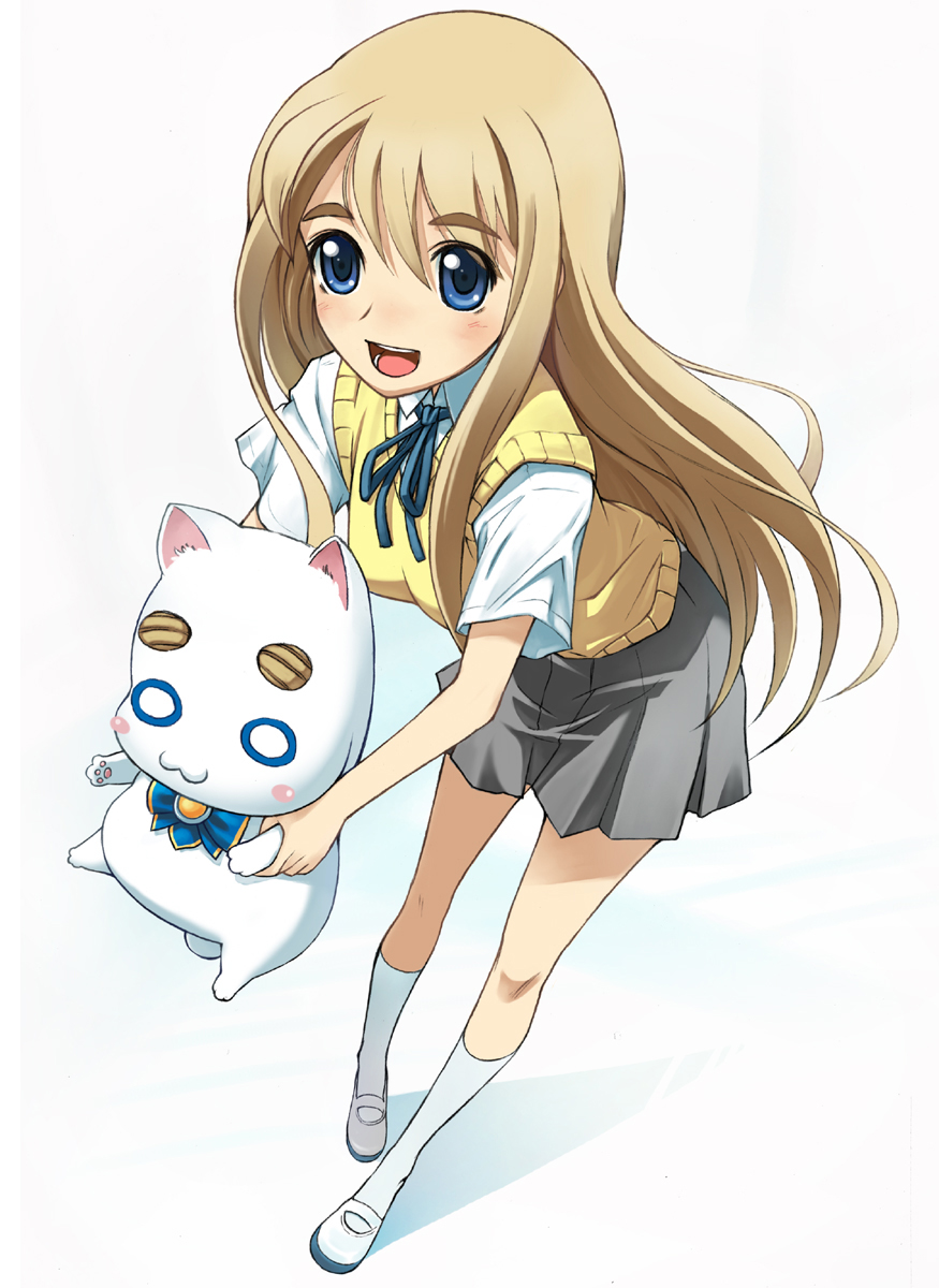 hirokiku, aria pokoteng, kotobuki tsumugi, aria (manga), k-on!, eyebrows, bad id, bad pixiv id, highres, 00s, 1girl, blonde hair, blue eyes, crossover, female focus, long hair, open mouth, pleated skirt, ribbon, round teeth, school uniform, shoes, skirt, smile, socks, solo, sweater vest, teeth, uwabaki, white socks