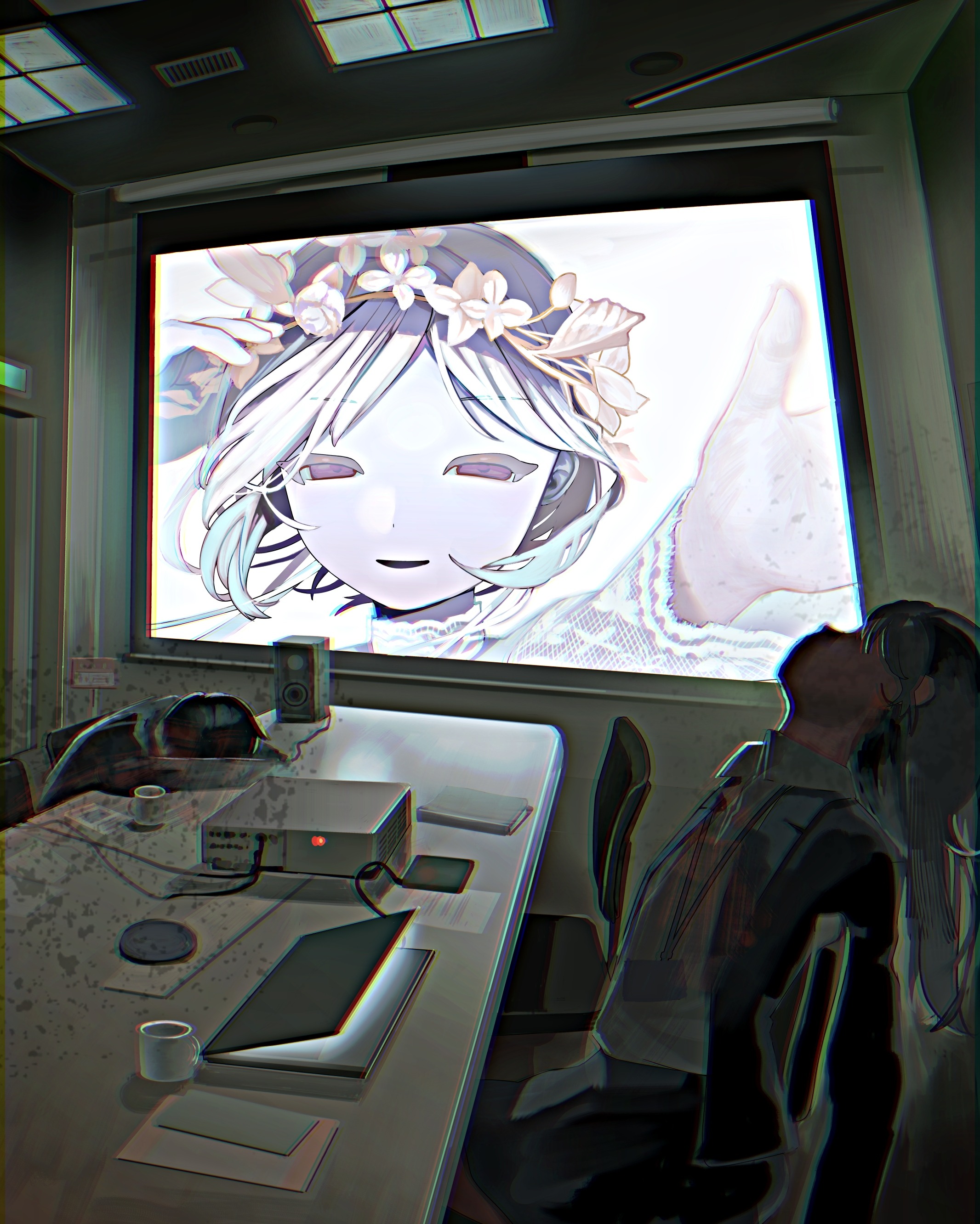 original, absurdres, highres, 1boy, 2girls, chair, computer, cup, floating hair, half-closed eyes, hands up, head back, head down, head wreath, hunched over, indoors, lace, lace sleeves, laptop, meeting, mug, multiple girls, notebook, outstretched hand, overhead lights, parted lips, projector, projector screen, purple eyes, short hair, sitting, smile, speaker, splatter, table, test norma1, white hair, wind