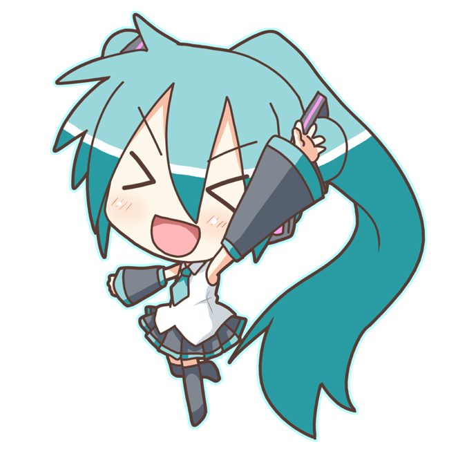 minami (colorful palette), chibi miku, hatsune miku, vocaloid, > <, 1girl, :d, alternate hairstyle, aqua hair, chibi, closed eyes, double bun, female focus, hair bun, open mouth, ponytail, smile, solo, thighhighs, xd