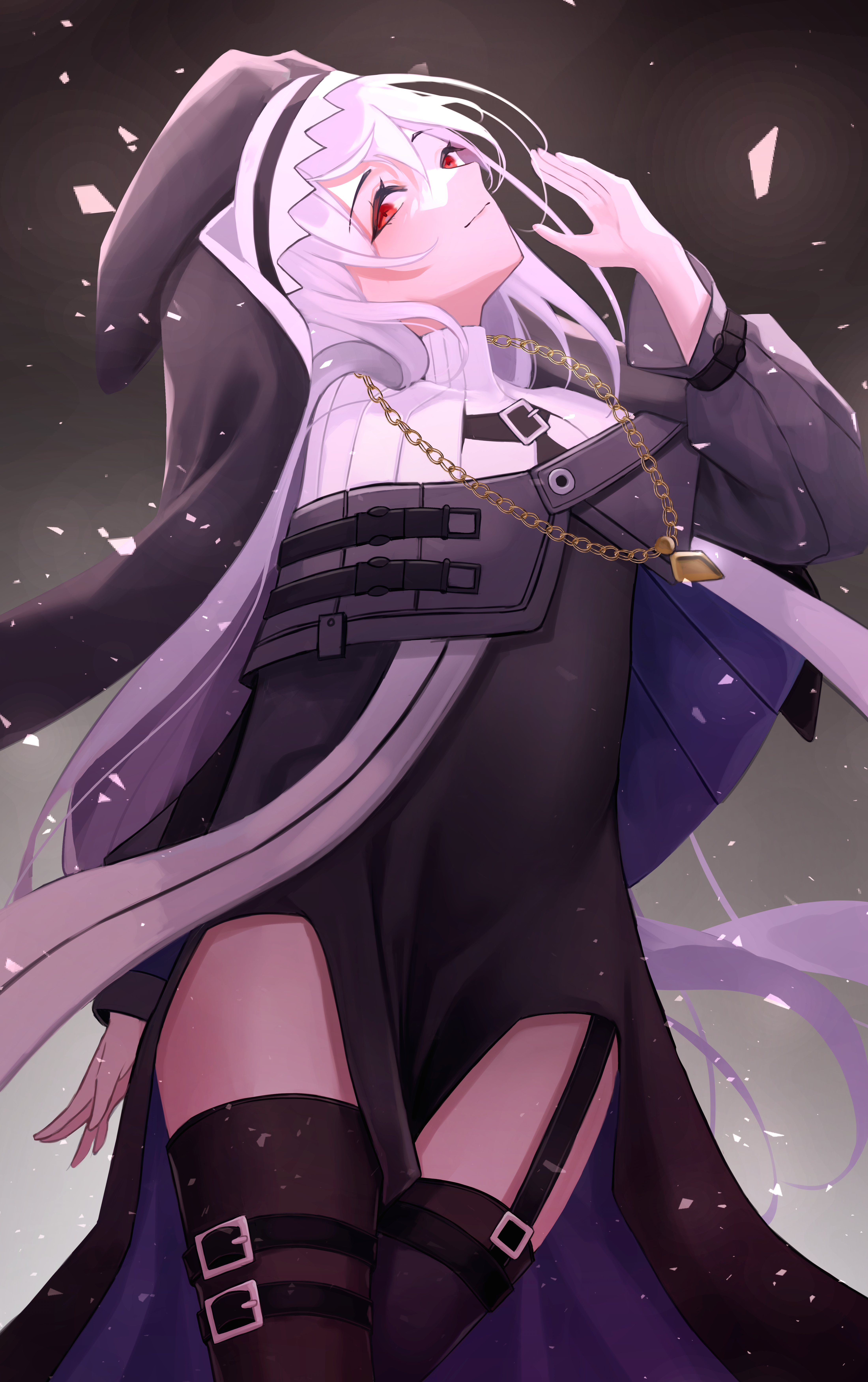 specter (arknights), arknights, absurdres, highres, 1girl, belt, belt buckle, black belt, black dress, black hat, buckle, capelet, clothing cutout, coif, dark background, dress, garter belt, gold necklace, gold petals, gradient background, grey capelet, grey hair, hair between eyes, hat, jewelry, long hair, long sleeves, necklace, nox (csya7458), nun, pendant, puffy sleeves, red eyes, shoulder strap, simple background, thigh belt, thigh cutout, thigh strap, turtleneck, two-sided fabric, two-sided headwear, very long hair