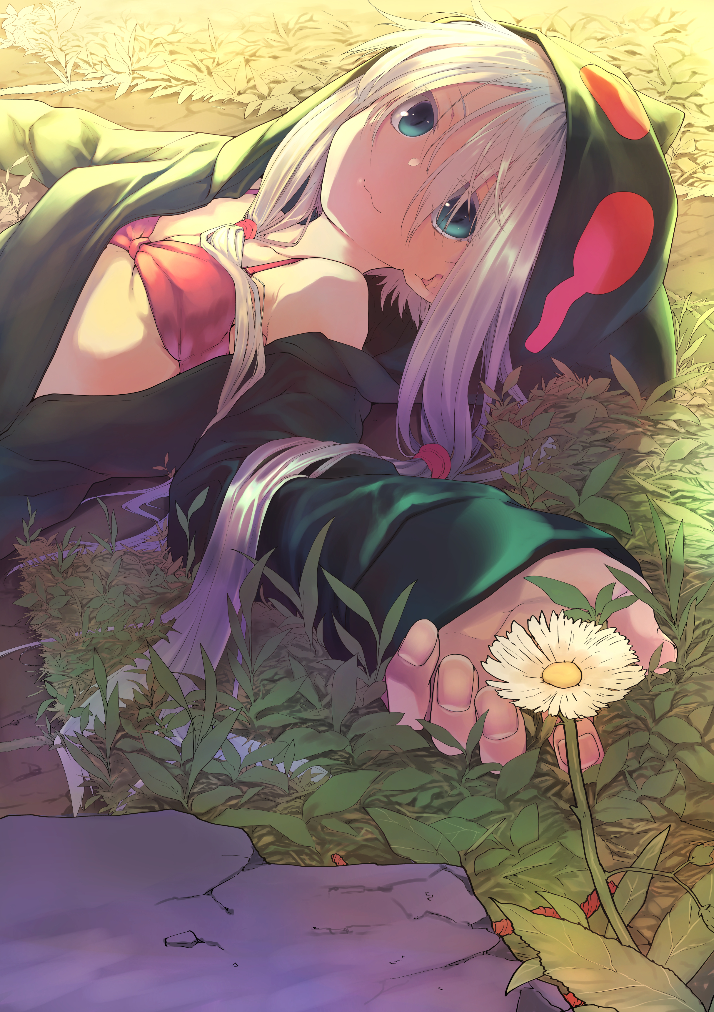 midori no ruupe, original, absurdres, commentary request, highres, 1girl, :3, aqua eyes, bra, breasts, closed mouth, dandelion, evening, flower, grass, green jacket, hair between eyes, hood, hood up, hooded jacket, jacket, long sleeves, low twintails, lying, on back, open clothes, open hand, open jacket, outdoors, outstretched arm, outstretched arms, pink ribbon, red bra, ribbon, small breasts, smile, solo, spread arms, twintails, underwear, upper body, white flower, white hair