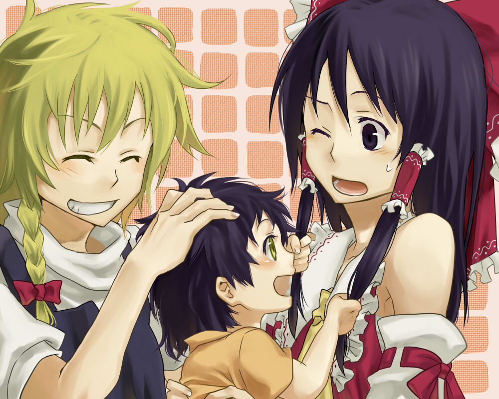 kuroda (artist), kuroda (nanchara flight), hakurei reimu, kirisame marisa, touhou, bad id, bad pixiv id, 1boy, 2girls, black eyes, black hair, blonde hair, braid, child, detached sleeves, grabbing another's hair, grin, hair ribbon, holding another's hair, if they mated, japanese clothes, long hair, miko, mother and son, multiple girls, open mouth, ribbon, short hair, smile, yellow eyes