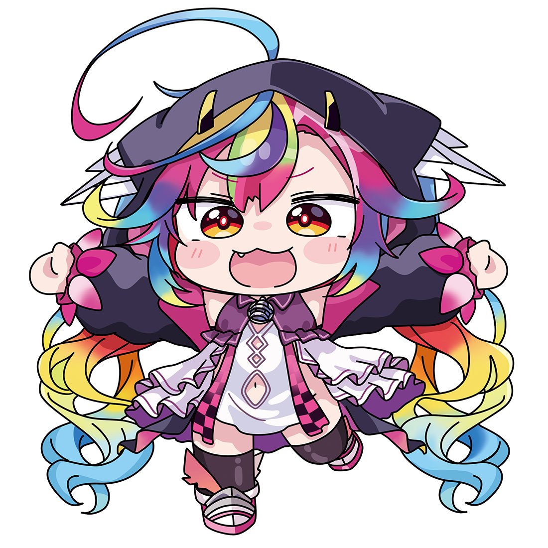 mochimiko, commentary request, copyright request, official art, 1girl, :d, ahoge, black thighhighs, blonde hair, blue hair, blush stickers, brown eyes, chibi, clothing cutout, dress, fang, full body, gradient hair, grey hair, hair through headwear, hood, hood up, long sleeves, looking at viewer, multicolored hair, navel, navel cutout, open mouth, pink hair, puffy long sleeves, puffy sleeves, shoes, simple background, smile, solo, standing, standing on one leg, thighhighs, two-tone hair, white background, white dress, white shoes