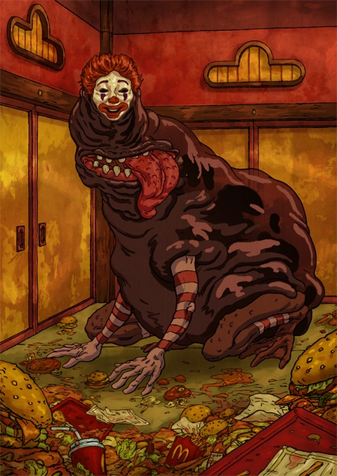 kaonashi, ronald mcdonald, mcdonald's, sen to chihiro no kamikakushi, striped, resolution mismatch, source smaller, 00s, burger, crossover, door, empty eyes, food, french fries, teeth, tongue, tray