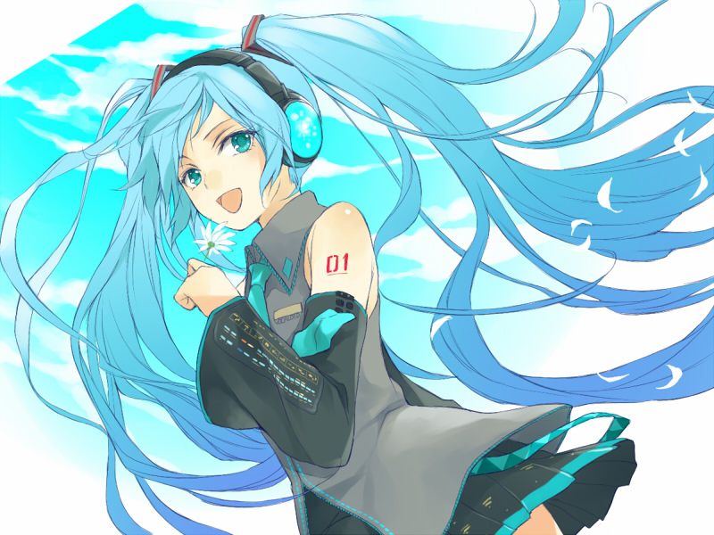 ryou (kimagure), hatsune miku, vocaloid, bad id, bad pixiv id, 1girl, aqua hair, bare shoulders, blue hair, detached sleeves, female focus, flower, headphones, long hair, petals, skirt, sky, smile, solo, very long hair