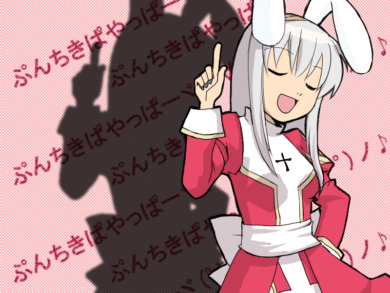 high priest (ragnarok online), ragnarok online, commentary request, translation request, 1girl, 2000s (style), :d, animal ears, back bow, bow, caipirinha (meme), closed eyes, dress, fake animal ears, grey hair, juliet sleeves, long hair, long sleeves, meme, open mouth, puffy sleeves, rabbit ears, red dress, sash, sharufuto, sidelocks, smile, solo, two-tone dress, upper body, white bow, white dress, white sash