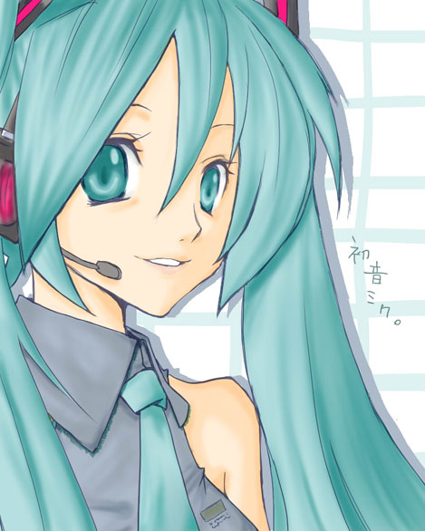 hatsune miku, vocaloid, commentary request, 1girl, 2000s (style), blue eyes, blue hair, blue necktie, collared shirt, grey shirt, long hair, looking at viewer, necktie, sharufuto, shirt, sleeveless, sleeveless shirt, solo, twintails, upper body, white background