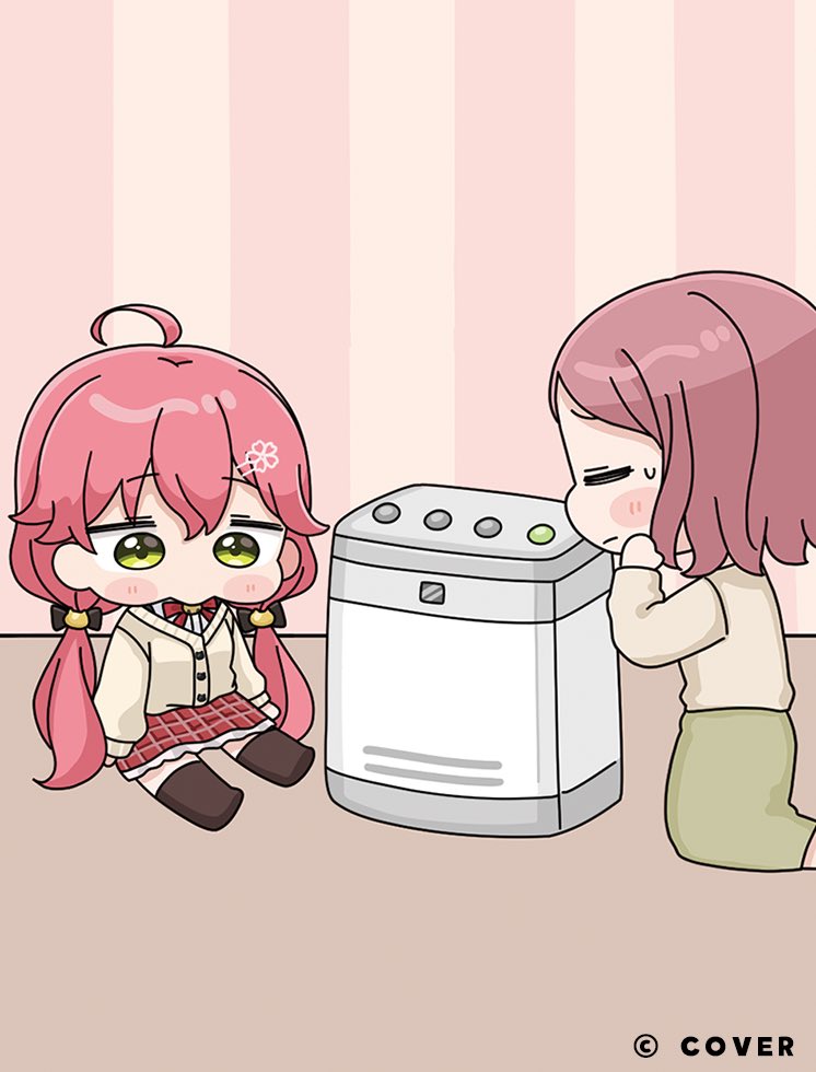 mochimiko, sakura miko, hololive, character request, commentary request, official art, 2girls, ahoge, black bow, blush stickers, bow, brown cardigan, brown hair, brown shirt, brown skirt, brown thighhighs, cardigan, chibi, closed eyes, closed mouth, green eyes, hair between eyes, hair bow, hand up, indoors, kneeling, long hair, long sleeves, low twintails, multiple girls, pink hair, plaid clothes, plaid skirt, puffy long sleeves, puffy sleeves, red bow, red skirt, shirt, sitting, skirt, small sweatdrop, sweat, thighhighs, twintails, very long hair, virtual youtuber, white shirt, yurie mouth