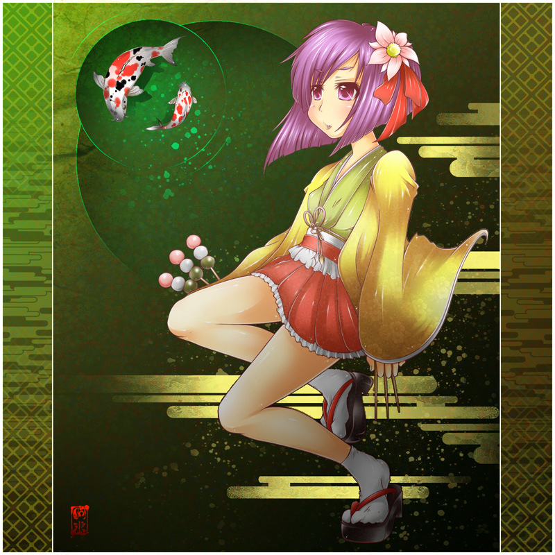 kurage jin, hieda no akyuu, touhou, bad id, bad pixiv id, 1girl, clog sandals, dango, egasumi, female focus, fish, flower, food, hair flower, hair ornament, japanese clothes, koi, okobo, platform sandals, purple eyes, purple hair, sandals, sanshoku dango, short hair, signature, skirt, socks, solo, tabi, wagashi, zouri