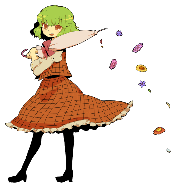azuma seiji, kazami yuuka, touhou, bad id, bad pixiv id, 1girl, black pantyhose, closed umbrella, female focus, flower, from behind, green hair, looking back, pantyhose, parasol, plaid clothes, plaid skirt, plaid vest, red eyes, ribbon, short hair, simple background, skirt, skirt set, smile, solo, standing, thighhighs, umbrella, vest, white background