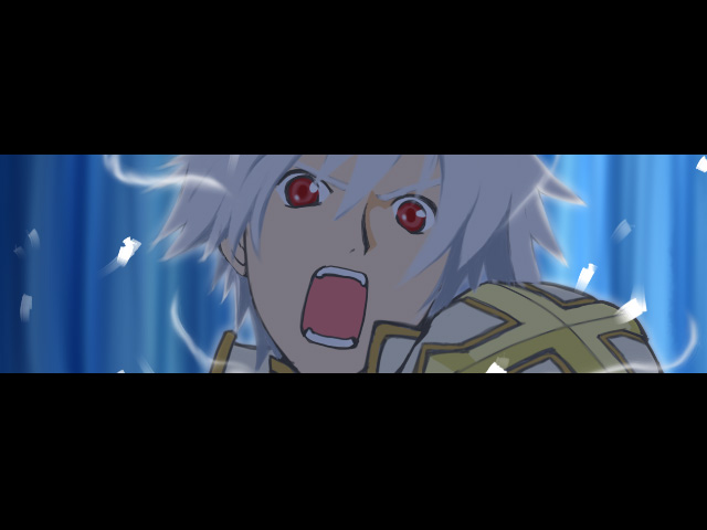 lord knight (ragnarok online), seyren windsor, ragnarok online, commentary request, 1boy, 2000s (style), armor, blue background, letterboxed, looking at viewer, male focus, open mouth, pauldrons, portrait, red eyes, sharufuto, short hair, shoulder armor, solo, white hair