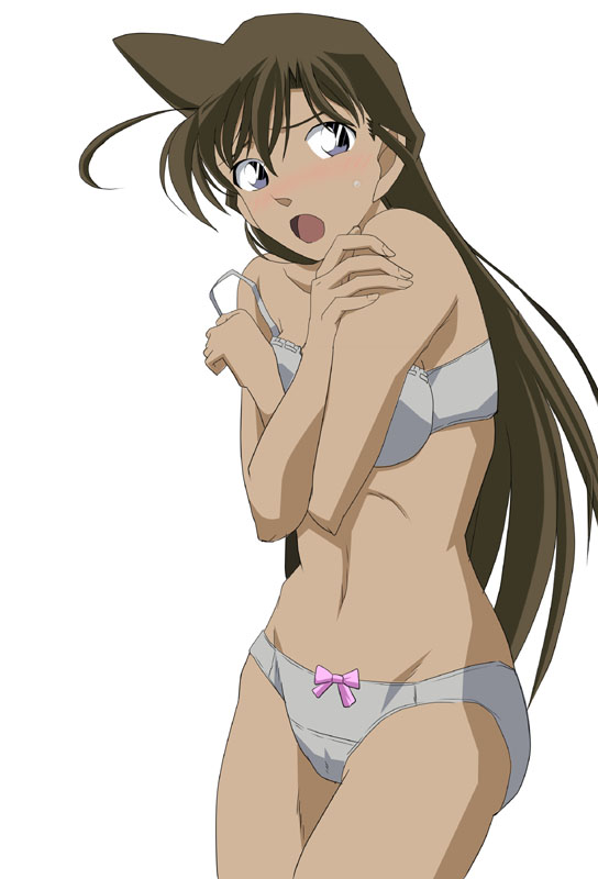 double zero, mouri ran, meitantei conan, 1girl, blue bra, blue eyes, blue panties, blush, bow, bow panties, bra, brown hair, covering privates, embarrassed, female focus, lingerie, long hair, navel, panties, solo, standing, strap slip, underwear, underwear only, very long hair