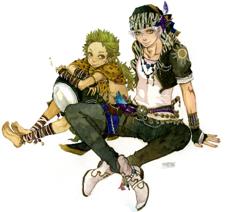 sakizou, gau, locke cole, final fantasy, final fantasy vi, white footwear, bad id, bad pixiv id, painting (medium), traditional media, watercolor (medium), 1990s (style), 2boys, bandana, barefoot, belt, boots, crop top, earrings, fingerless gloves, gloves, green hair, grey eyes, jacket, jewelry, long hair, male focus, multiple boys, necklace, orange eyes, pointy ears, retro artstyle, shoes, short hair, sitting, smile, white hair