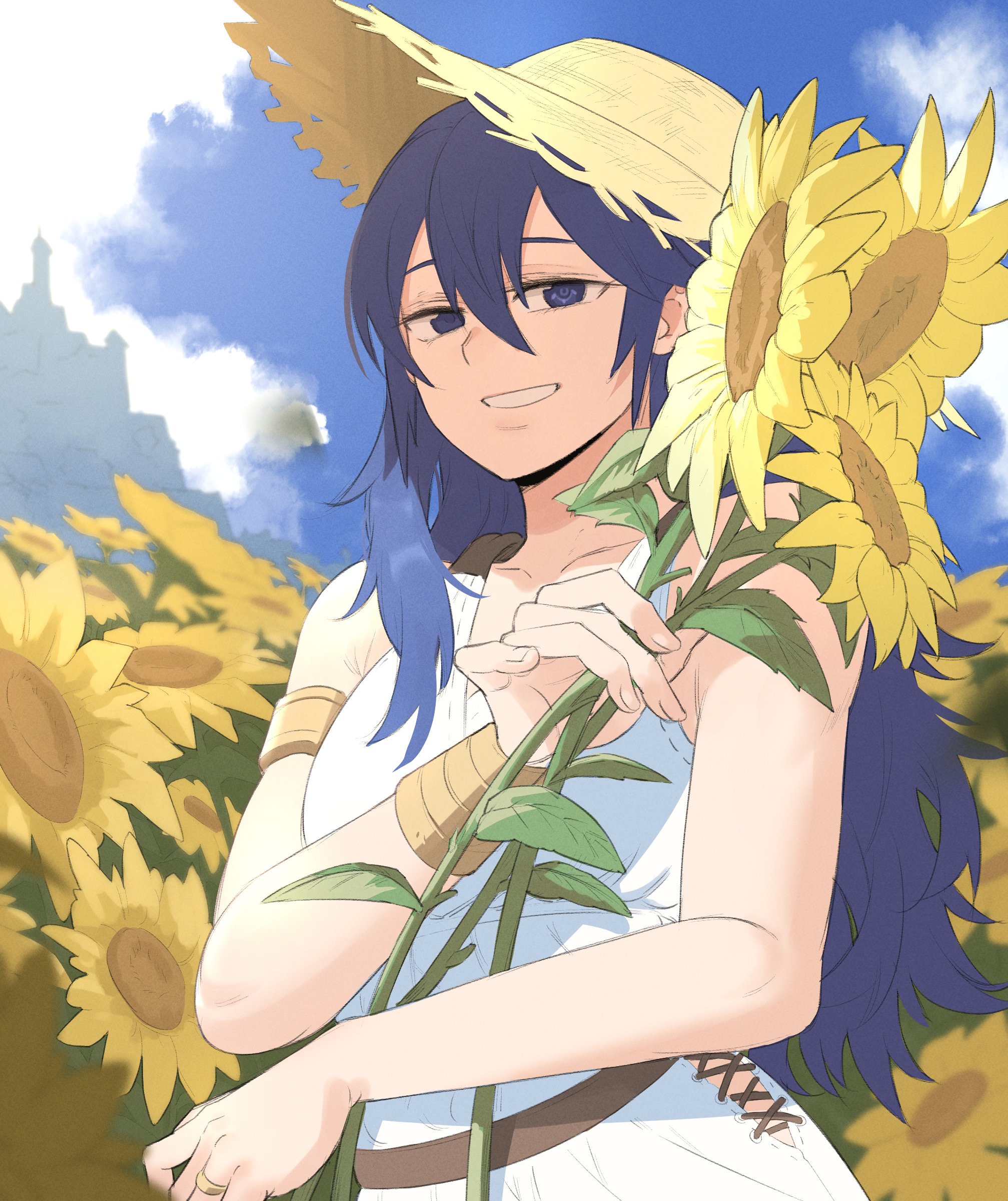 ebinku, lucina (fire emblem), lucina (valentine) (fire emblem), fire emblem, fire emblem awakening, fire emblem heroes, nintendo, absurdres, commentary, commission, highres, 1girl, armlet, bare shoulders, belt, blue eyes, blue hair, blue sky, brown belt, cloud, dress, field, flower, flower field, grin, hair between eyes, hat, holding, holding flower, jewelry, long hair, looking at viewer, official alternate costume, outdoors, sky, sleeveless, sleeveless dress, smile, solo, straw hat, sun hat, sunflower, white dress, yellow flower