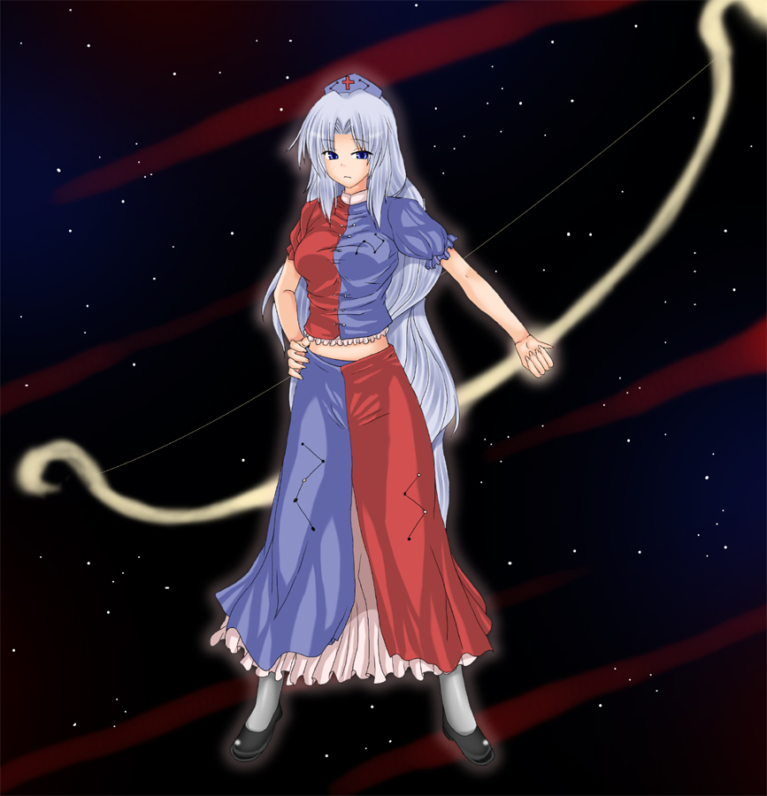 yukishiki shilfi, yagokoro eirin, touhou, 1girl, bow (weapon), breasts, female focus, full body, night, night sky, outdoors, sky, solo, weapon