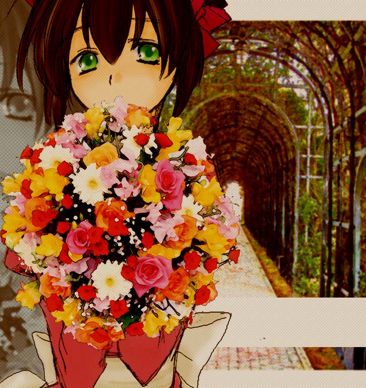 high priest (ragnarok online), ragnarok online, commentary request, 1girl, 2000s (style), arch, bouquet, brown hair, dress, flower, green eyes, holding, holding bouquet, looking at viewer, pink flower, red dress, red flower, sash, sharufuto, short hair, solo, upper body, white flower, white sash
