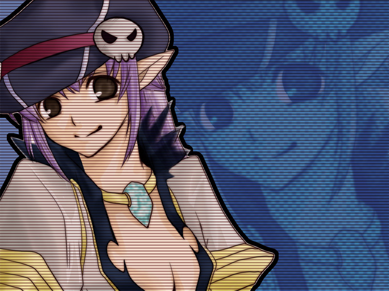 warlock (ragnarok online), ragnarok online, commentary request, 1girl, 2000s (style), black eyes, black hat, blue background, blue gemstone, breasts, cleavage, closed mouth, gem, grey shirt, hat, long hair, medium breasts, newsboy cap, pointy ears, purple hair, sharufuto, shirt, smile, solo, upper body, zoom layer