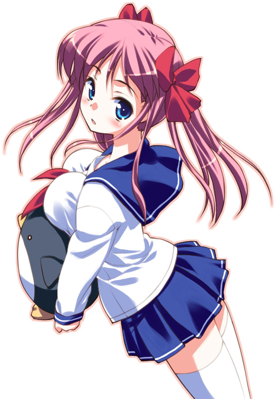 hoshizaki hikaru, etopen, haramura nodoka, saki (manga), 00s, breasts, holding, holding stuffed toy, large breasts, orange outline, outline, school uniform, serafuku, simple background, solo, stuffed toy, thighhighs, white background, white thighhighs