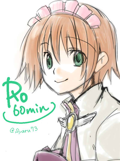 acolyte (ragnarok online), ragnarok online, commentary request, 1girl, brown hair, capelet, closed mouth, green eyes, looking at viewer, maid headdress, purple shirt, sharufuto, shirt, short hair, simple background, smile, solo, twitter username, upper body, white background, white capelet
