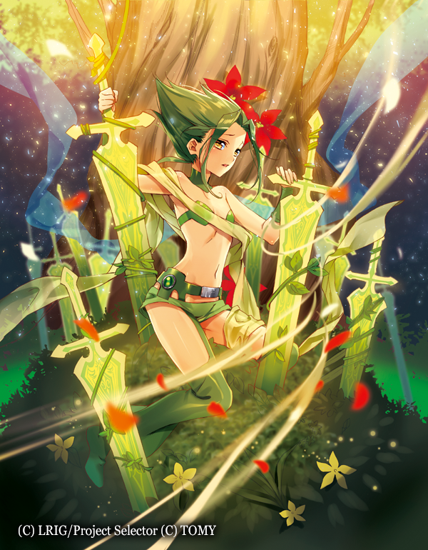 murakami yuichi, midoriko (wixoss), wixoss, official art, 1girl, breasts, cleavage, copyright notice, flower, green eyes, green hair, green shorts, green thighhighs, green tube top, hair flower, hair ornament, holding, holding sword, holding weapon, looking at viewer, medium hair, navel, open mouth, short shorts, shorts, small breasts, solo, strapless, sword, thighhighs, tree, tube top, weapon, yellow eyes