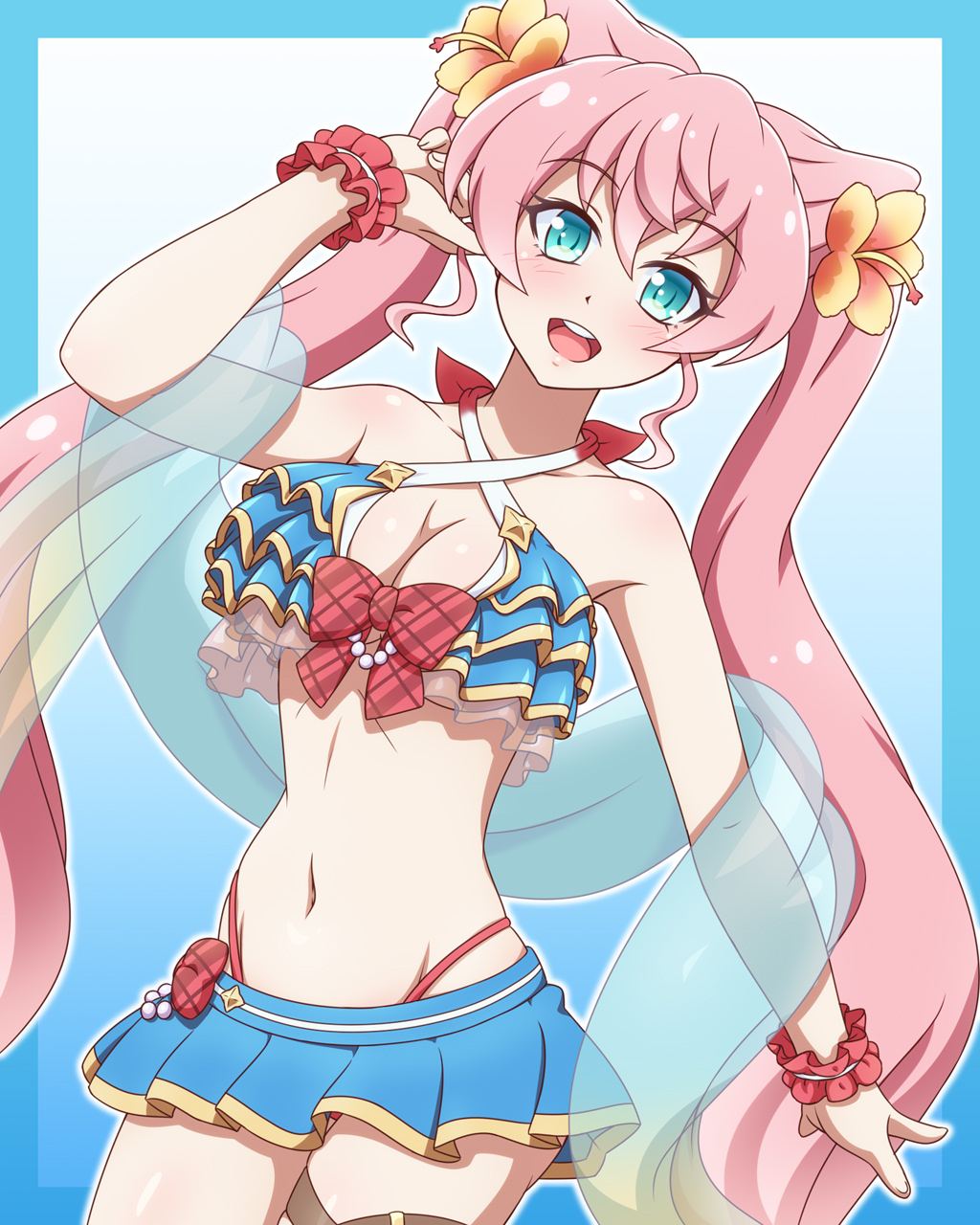 yosuzu, maria cadenzavna eve, senki zesshou symphogear, highres, 1girl, bikini, blue eyes, blush, breasts, cleavage, frilled bikini, frills, hair between eyes, hair ornament, large breasts, long hair, looking at viewer, navel, open mouth, pink hair, smile, solo, swimsuit, very long hair