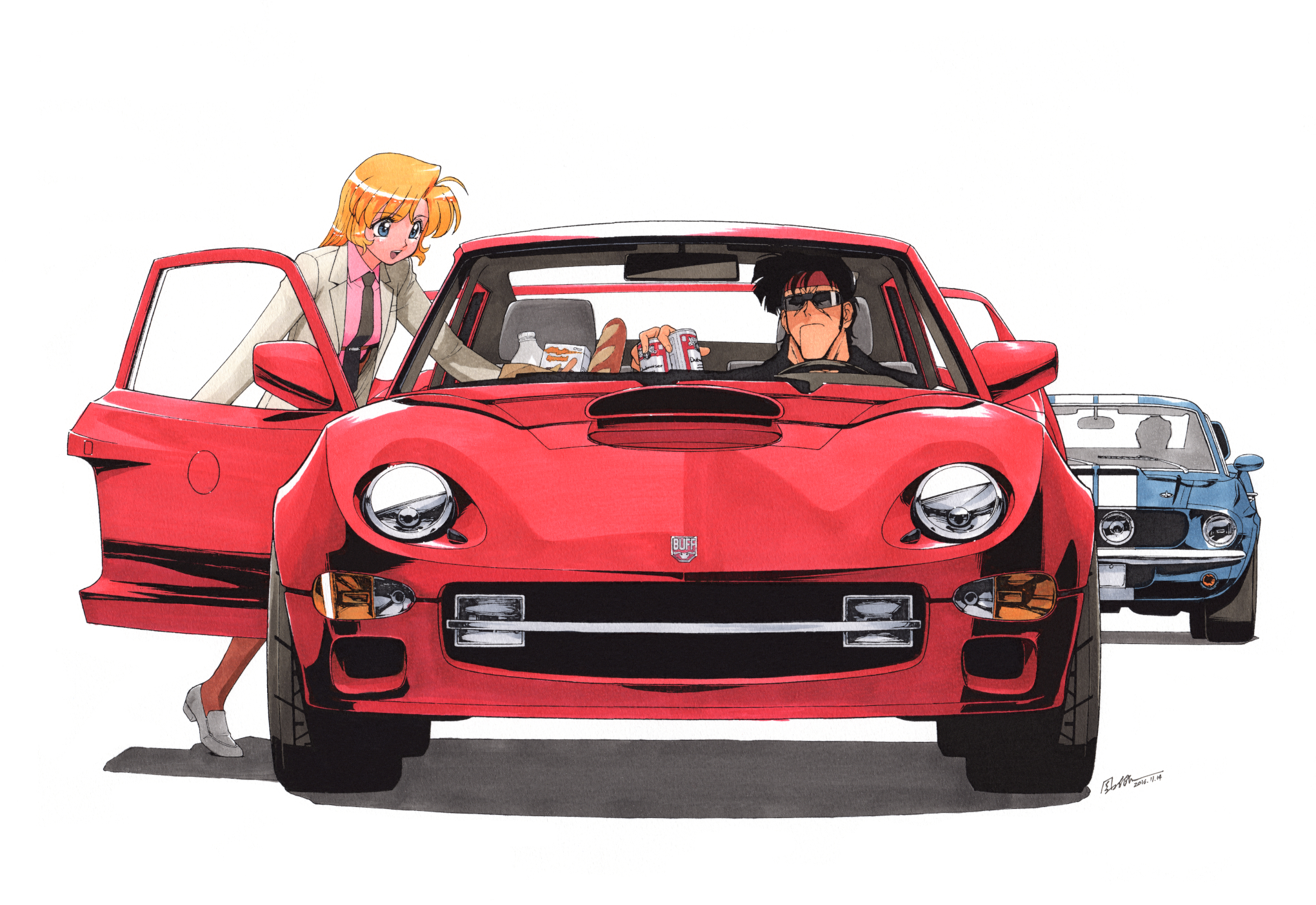 sonoda ken'ichi, bean bandit, rally vincent (riding bean), riding bean, highres, third-party source, vehicle request, 1boy, 1girl, beer can, black hair, black necktie, blonde hair, bread, brown pantyhose, can, car, car door, closed mouth, collared shirt, drink can, food, grey jacket, hairband, holding, holding can, jacket, long sleeves, looking at another, motor vehicle, necktie, open mouth, pantyhose, pink shirt, red hairband, shirt, shoes, short hair, simple background, sunglasses, white background, white shoes