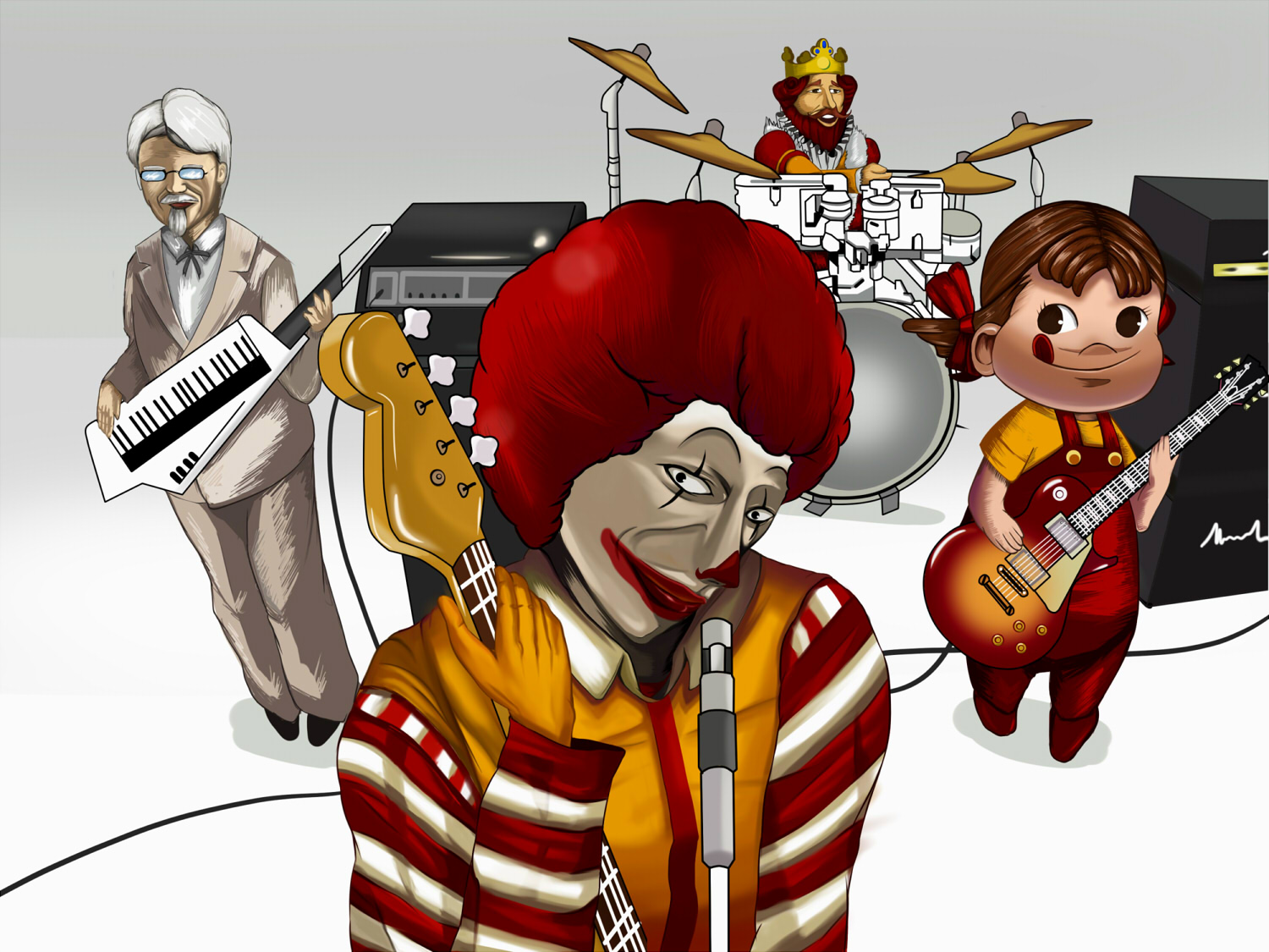eroke, colonel sanders, peko-chan, ronald mcdonald, the king, burger king, don't say "lazy", k-on!, kfc, mcdonald's, striped, 1girl, 3boys, :q, afro, amplifier, bass guitar, clown, creepy, crown, drum, drum set, glasses, guitar, head tilt, horror (theme), instrument, keyboard, keytar, microphone, microphone stand, multiple boys, parody, satire, speaker, tongue, tongue out, what