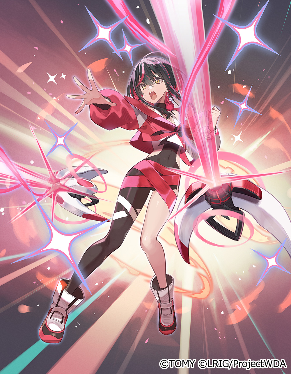 yuko (uc yuk), yuzuki (wixoss), wixoss, highres, official art, 1girl, black bodysuit, black hair, blonde hair, bodysuit, cropped jacket, cropped shirt, jacket, laser, long hair, looking at viewer, multicolored hair, open mouth, ponytail, red hair, red jacket, shirt, shoes, solo, streaked hair, teeth, upper teeth only, white shirt, white shoes