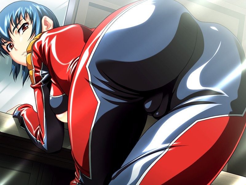 houya yukitoshi, sugihara shizuno, reversible, uniform, game cg, ass, bent over, biker clothes, bikesuit, blue hair, bodysuit, breasts, brown eyes, cameltoe, from behind, huge ass, leaning, looking back, pov, presenting, short hair, skin tight, solo, thigh gap, thighs, wide hips