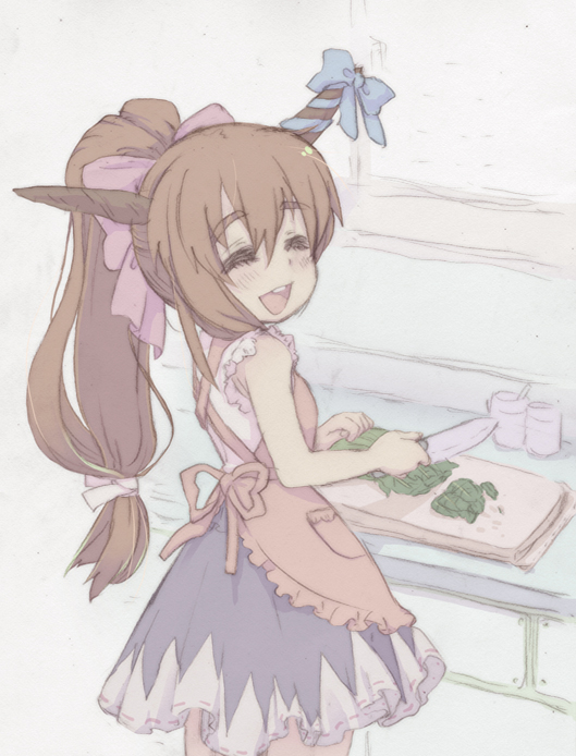 oto, ibuki suika, touhou, 1girl, alternate hairstyle, apron, blonde hair, closed eyes, cooking, female focus, horns, indoors, kitchen knife, knife, long hair, plant, ponytail, ribbon, smile, solo, standing