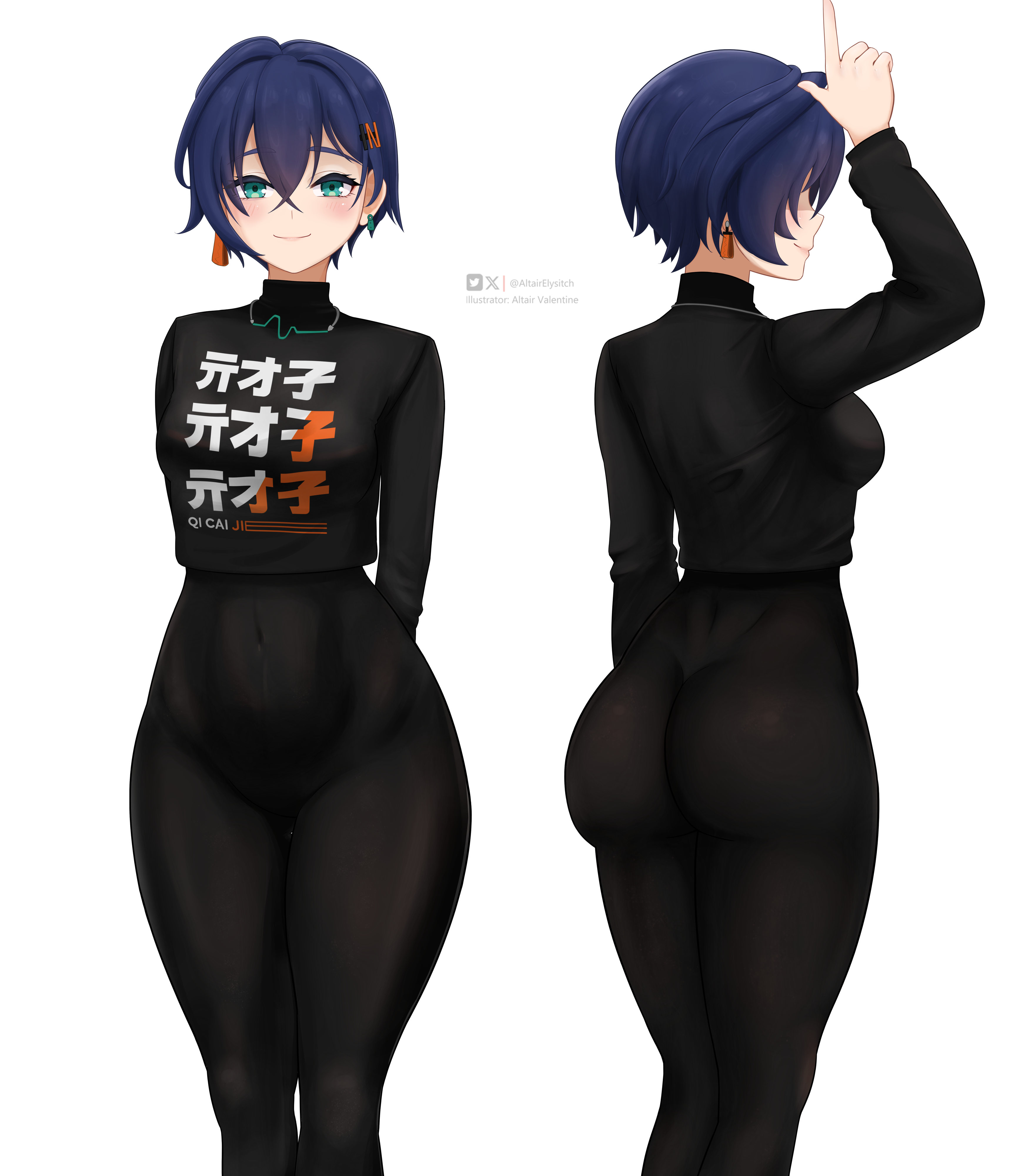 belle (zenless zone zero), zenless zone zero, absurdres, highres, 1girl, altairelysitch, alternate costume, aqua eyes, artist name, ass, blue hair, blush, bodysuit, breasts, earrings, from behind, hair ornament, hairclip, jewelry, looking at viewer, medium breasts, shirt, short hair, sideboob, skin tight, smile, solo