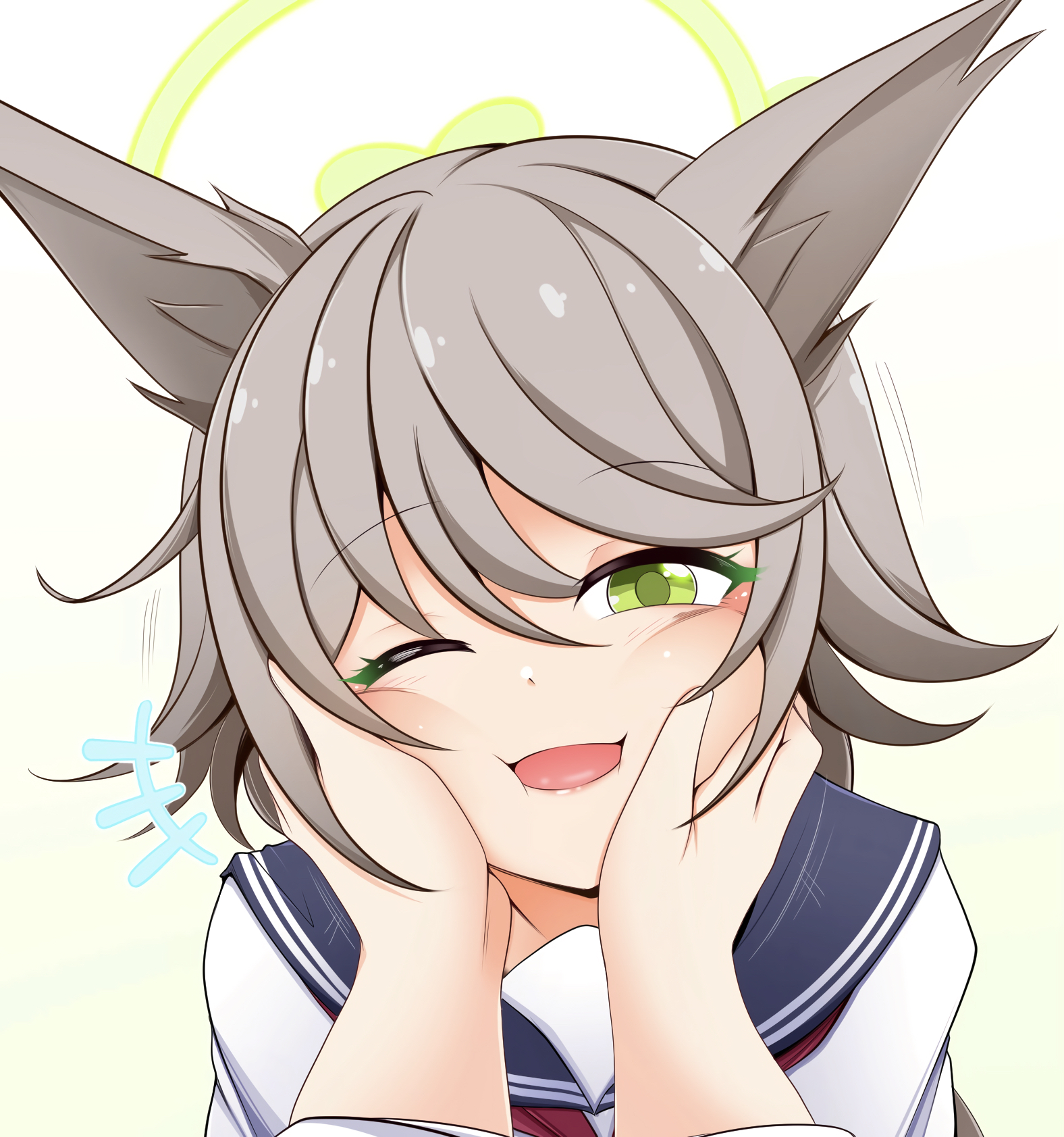 kagayai akira, otogi (blue archive), blue archive, commentary request, highres, +++, 1boy, 1girl, :i, ;d, animal ear fluff, animal ears, blue sailor collar, brown hair, cheek squash, fox ears, fox girl, gradient background, green eyes, green halo, hair between eyes, halo, hands on another's cheeks, hands on another's face, happy, light blush, long hair, looking at viewer, one eye closed, open mouth, pov, pov hands, sailor collar, school uniform, serafuku, shirt, simple background, smile, solo focus, swept bangs, white shirt