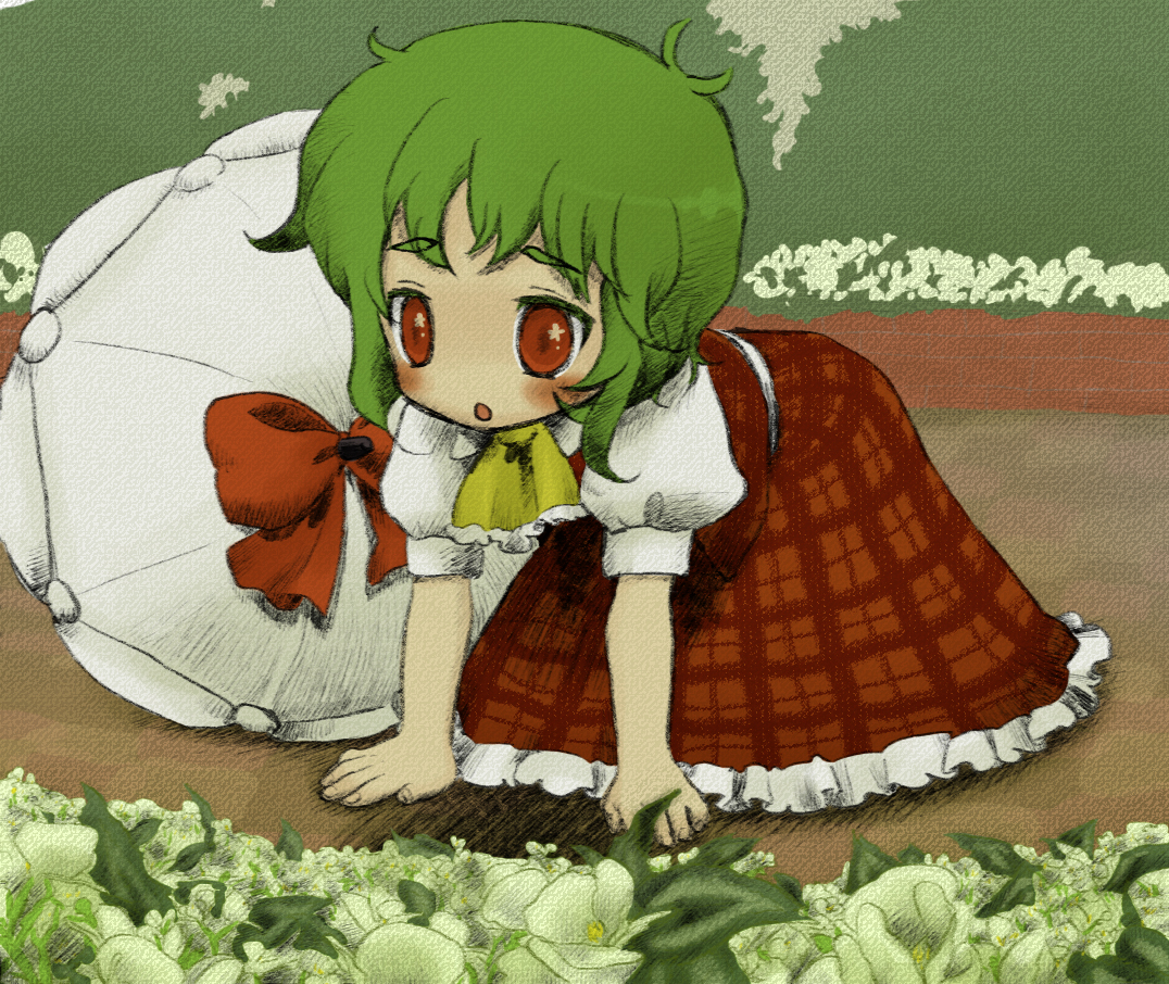 oto, kazami yuuka, touhou, bad id, bad pixiv id, 1girl, :o, aged down, all fours, ascot, child, female focus, flower, flower bed, green hair, parasol, plaid clothes, plaid skirt, plaid vest, red eyes, short hair, skirt, skirt set, solo, umbrella, vest